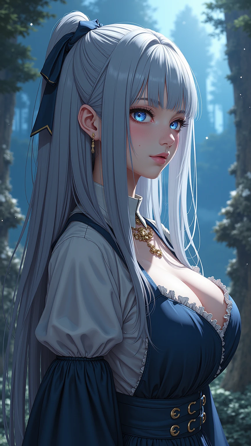 a close up of a woman with a white hair and a black scarf, huge saggy breast, a character portrait by Yang J, pixiv contest winner, fantasy art, white haired deity, beautiful character painting, artwork in the style of guweiz, the piercing stare of yuki onna, guweiz, with white long hair, with long white hair, flowing hair and long robes