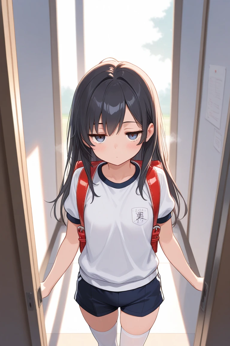 nsfw,suzune horikita, (Red eyes:1.3),locker room,cowboy shot,((from above)),Medium chest,Hair Ribbon,Upper body naked,White panties,((sweaty,Pussy line,wet))