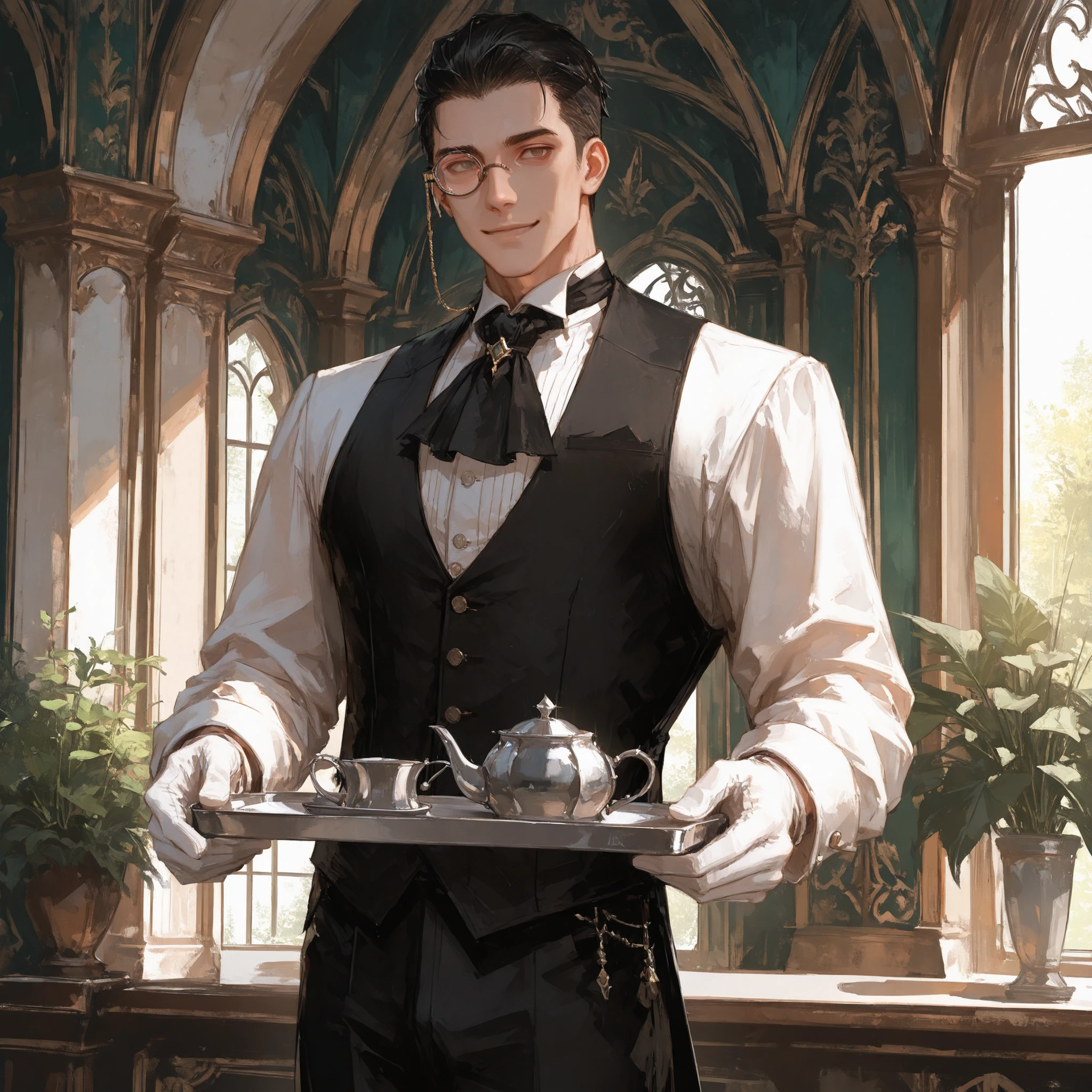 upper shot, front shot, makes an aesthetic, Master piece, Best Quality, ultra detailed, a handsome man, (man:1.6), solo, male Short Hair, male slicked back hairstyle, beautiful black hair, toned, smiling, standing, looking at viewer, white gloves, butler, monocle, black ascot, holsing a silver tray, royal garden, fantasy world,