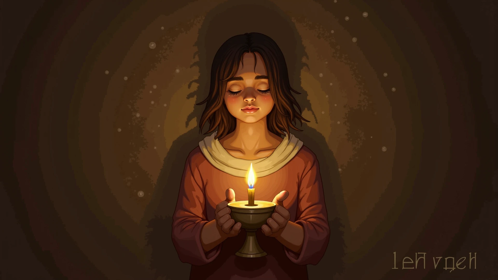 little animated girl with curly brunette dressed in white with a candle and a Christ behind her in catechism
