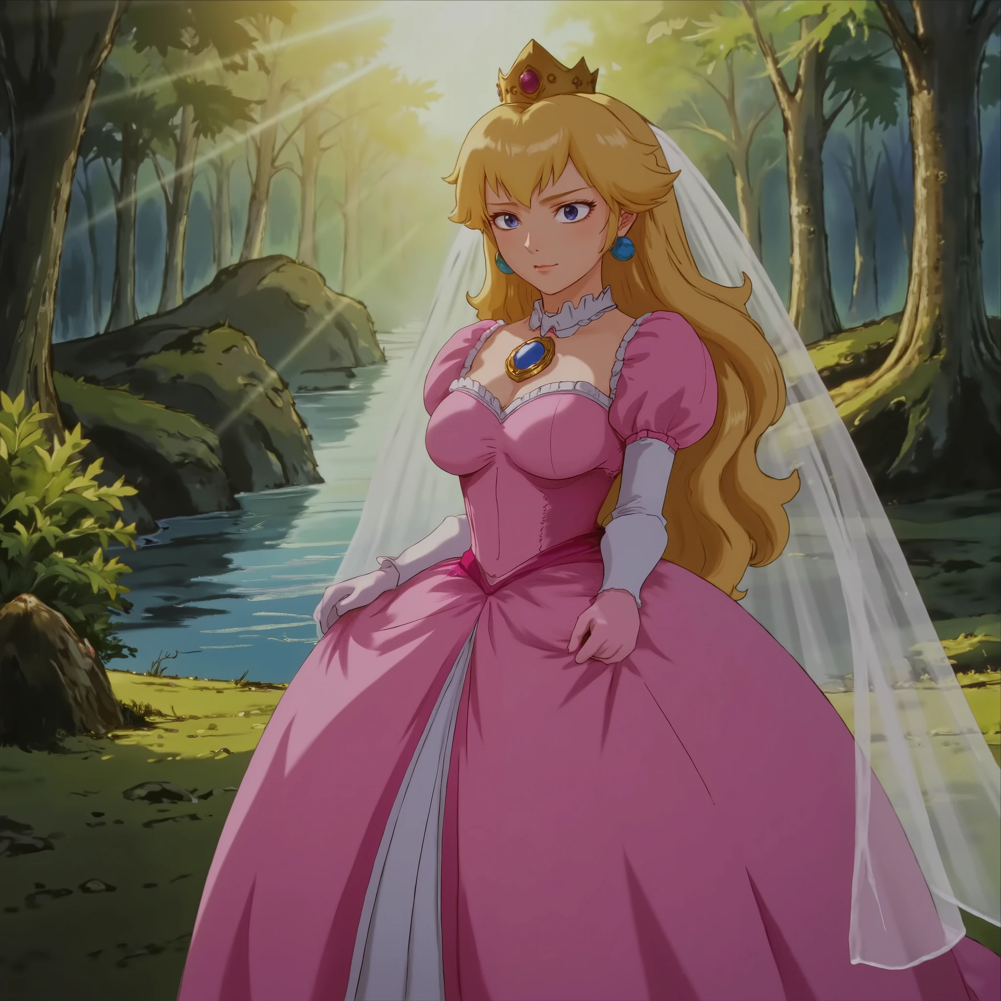 b3rs3rk -standing facing the viewer photoRealistic photo of n-peach, a 20 year old woman she has blue eyes and blonde hair, wearing a golden crown, a 20 year old woman Shy with eyes darting away, fingers fidgeting, and a faint smile struggling to form.
-Highest quality, best quality, masterpiece. cinematic atmosphere. The lighting is soft yet dramatic. The film grain adds a tactile, grainy texture, enhancing the dreamlike quality of the scene.
She wears an Elegant pink ball gown with puffed sleeves, sapphire brooch, golden crown adorned with sapphires and rubies, long blonde hair styled in soft waves.â
She poses in a passport styled photo with upper body view and breasts in frame. facing the viewer with a slight smirk on her face. the background is dynamic and complex. in forest,water effects, sun rays, realistic lighting, beautiful environment, shrubbery, reflections