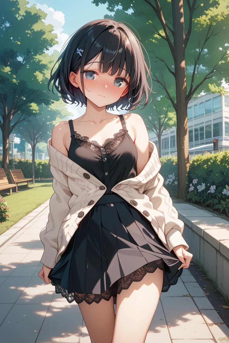 highres, masterpiece, 1girl, eye contact, stare, skin blush, gradient eyes, forest, flower print dress, sketch lines, sketch, hime cut, blunted bangs, solo, necklace, pastel, watercolor, 
standing, arms_behind_back, happy, shade, large trees, 
 <lora:ipmya_style:0.8>