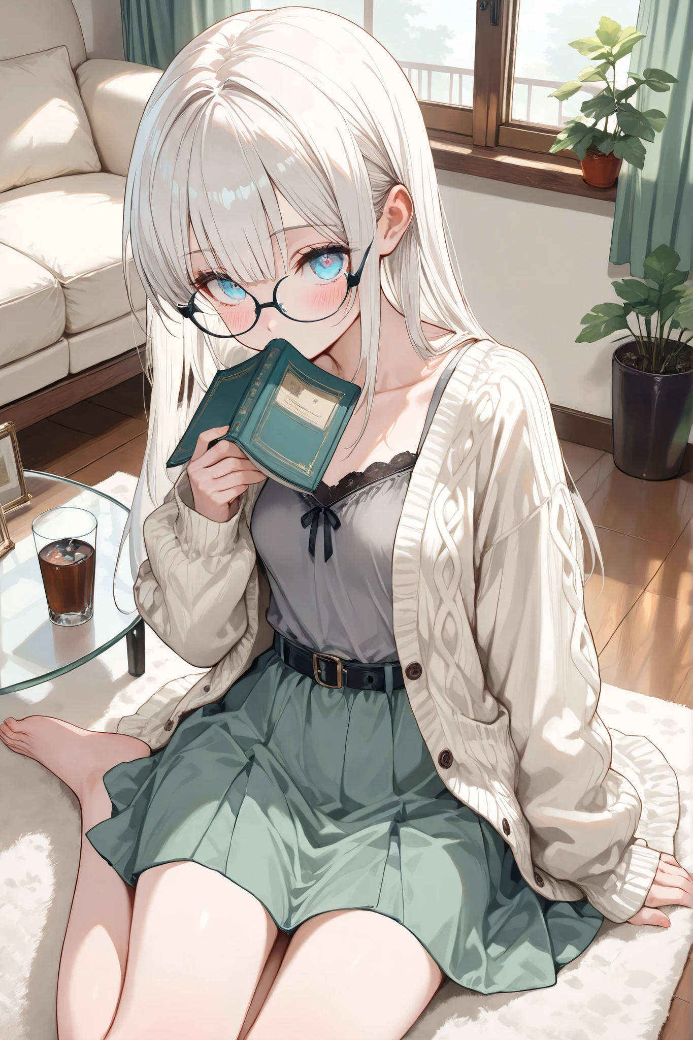 ((Masterpiece)),((best quality)),((incredibly absurdres)),((8K)),
1 girl,solo,younger,kawaii,white hair,long hair,straight hair,blue eyes,small breasts,baby face,big eyes,collarbone,slender fingers,barefoot,BREAK,
((black eyewear)),(square grasses),gray camisole,white cardigan,open vest,tulle skirt,belt,BREAK,
open eyes,blush,parted lips,facing down,looking up,look at viewer,BREAK,
reading Brown cover book,cover mouth with a book,sitting carpet,yokozuwari,BREAK, 
white carpet,glass table,book on table,ice coffee glass on table,window,green curtain,open curtain,(houseplant:0.8),BREAK,
living room,spring,BREAK,