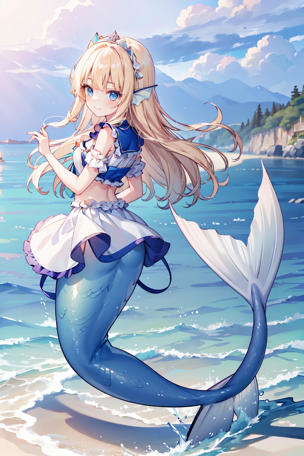 masterpiece, best quality,A girl,Large Breasts,Hair accessories,Mermaid,蓝色的Mermaid尾巴,illustration,8k,blonde_hair,long_hair,blue_eyes,hairband,mini_crown,hair_bow,dress,full-body shot,lie,beach,Sea view