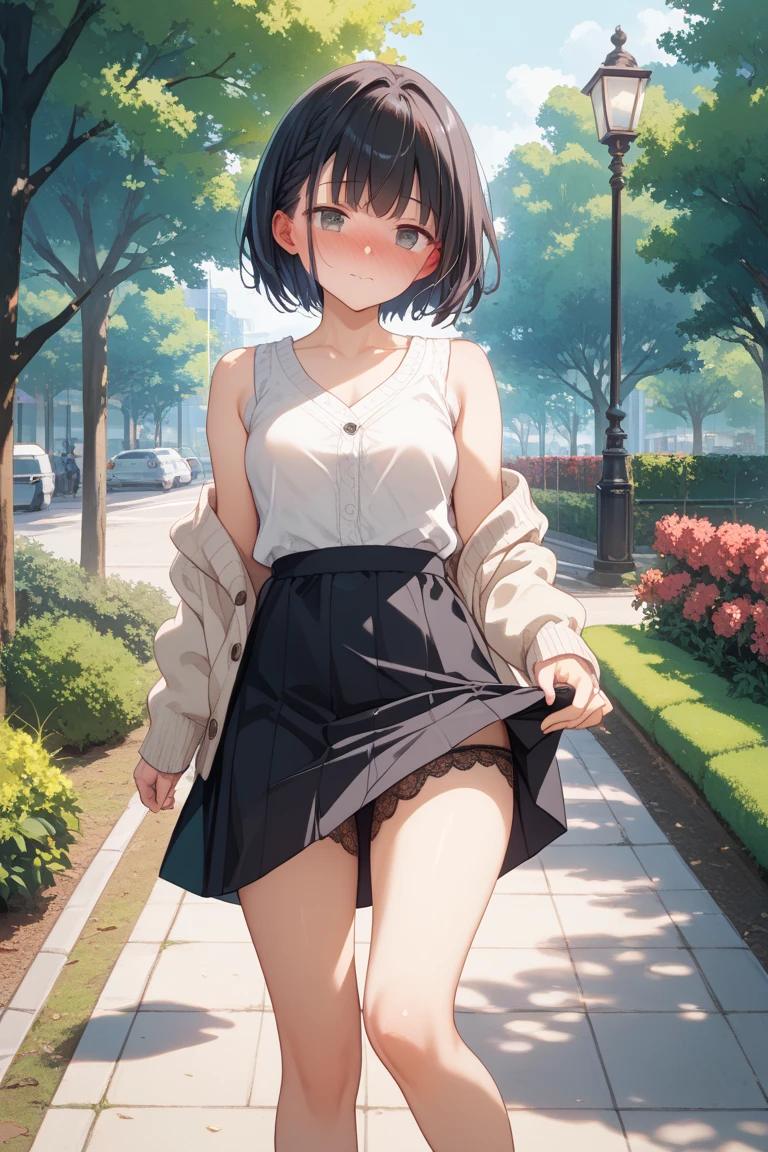 (Masterpiece, Best Quality:1.2), 1 girl, Alone,standing_to divide, Mikan Yuuki, Brown eyes, Brown hair, hair ornament,short hair, short dress, evening, park, pose kawaii, happy face


