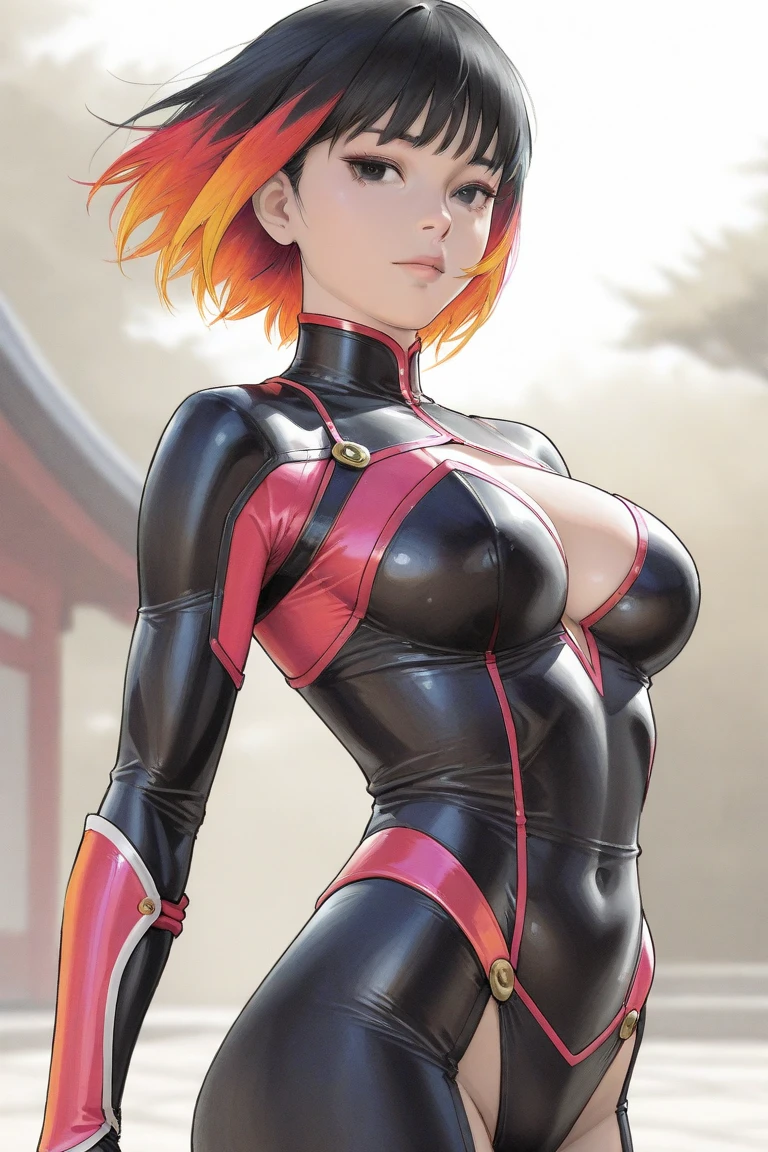 ​masterpiece, ultra-detailliert, 8k, hiquality, Top image quality, digitial illustration, Seductive Anime Girl, Combative posing, Depiction of dense hair, Detailed eye depiction, appearance Splash paint background in colors, Center, ((latex suit:1.3 crop top:1.3))、((cleavage:1.3))、((crop top navel))、((highleg:1.3))、((panty peek))、((huge breasts:1.3))、((huge hip:1.3))、((thick thighs))、shiny skin、Sharp Focus, draw the full body, Glossy realistic skin texture, ((Hover effect:1.2)), Precise human body structure、Smooth texture