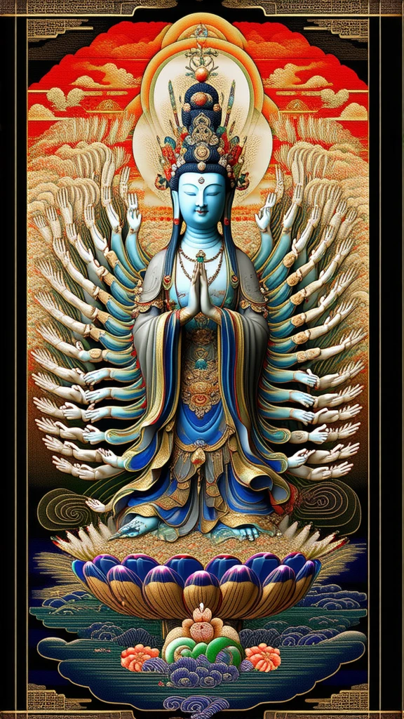 statue of guan yin made of jade and jewelry, crystal clear and shinning, beautyfull face, multiple hands holding some treasure weapons , detailed hands, floating red ruby lotus , full body, masterpieces, super detail, epic composition, ultra HD, high quality, extremely detailed, official art, unified 8k wallpaper, Super detail,