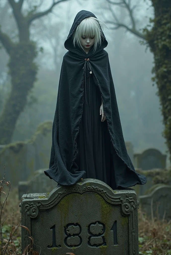 (medium full shot) of (foreboding necromancer) young woman, german, pale skin, light brown eyes, Medium build, long hazel bob hair, wearing a black hooded cloak, dark blue leather tunic, fitted trousers, sturdy necromancer boots, dark eye shadow, intricate tattoos, tattered cape, set in  graveyard, mist-covered, broken statues, cold air, whispers of the past, in a foggy graveyard, woman smiling, ,Masterpiece,best quality, raw photo, realistic, very aesthetic