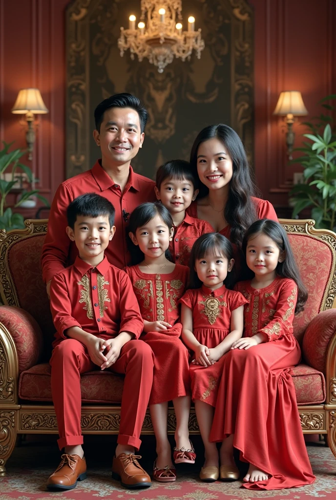 Family photo in Indonesia, four members, a 35-year-old father and a 3-year-old son (wearing a black suit), a 28-year-old mother (shoulder-length straight hair with bangs), and a 10-year-old daughter (long straight hair) (wearing a harmonious brown-gold kebaya), sitting on the sofa, studio photo, living room background, daylight lighting, green flower vase, realistic, best photography result, ultra HD, 16K