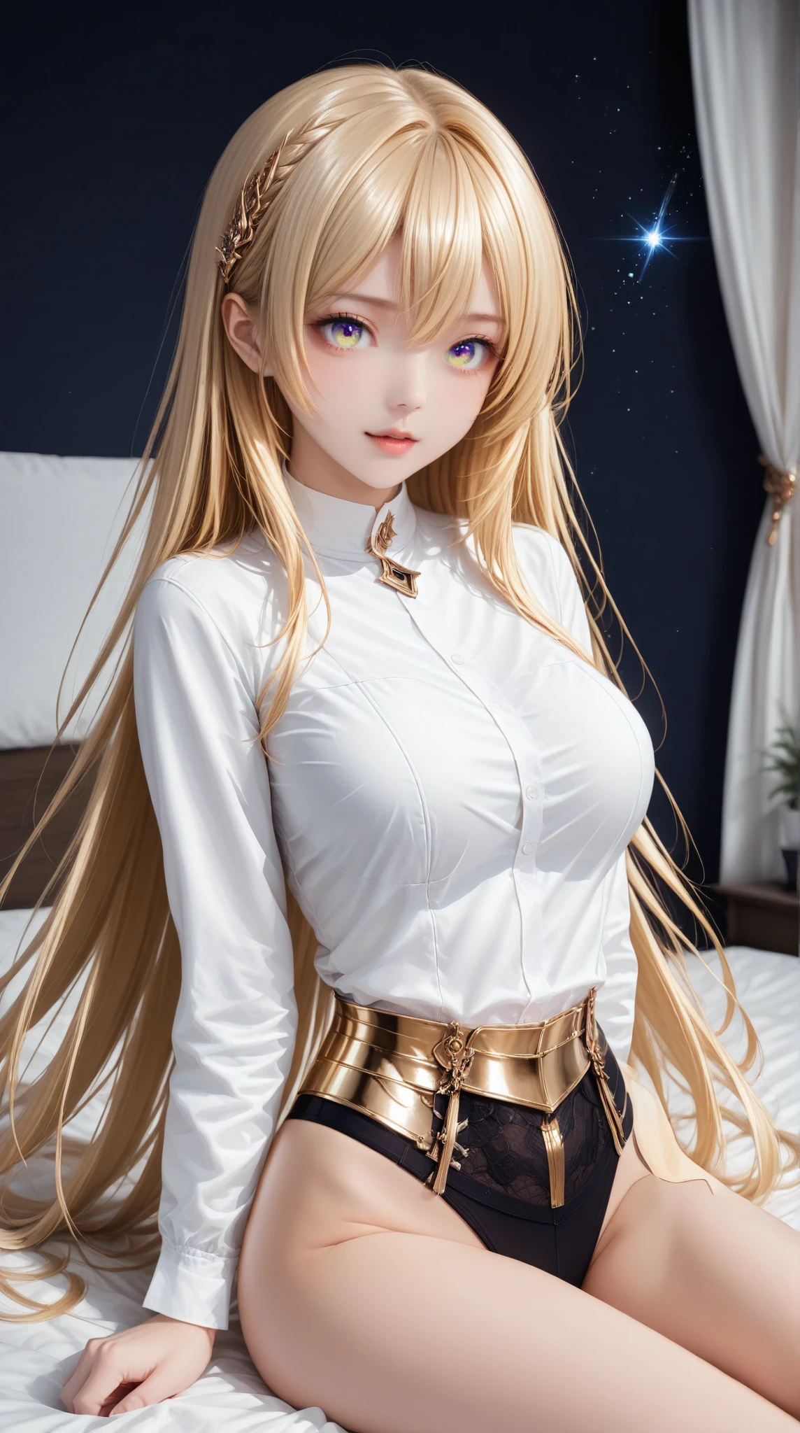 wlop,long hair,blonde hair,skinny,slim,parted lips, upper body, looking at viewer, photorealistic:1.3, bangs,thigh gap,cleavage, large breasts,