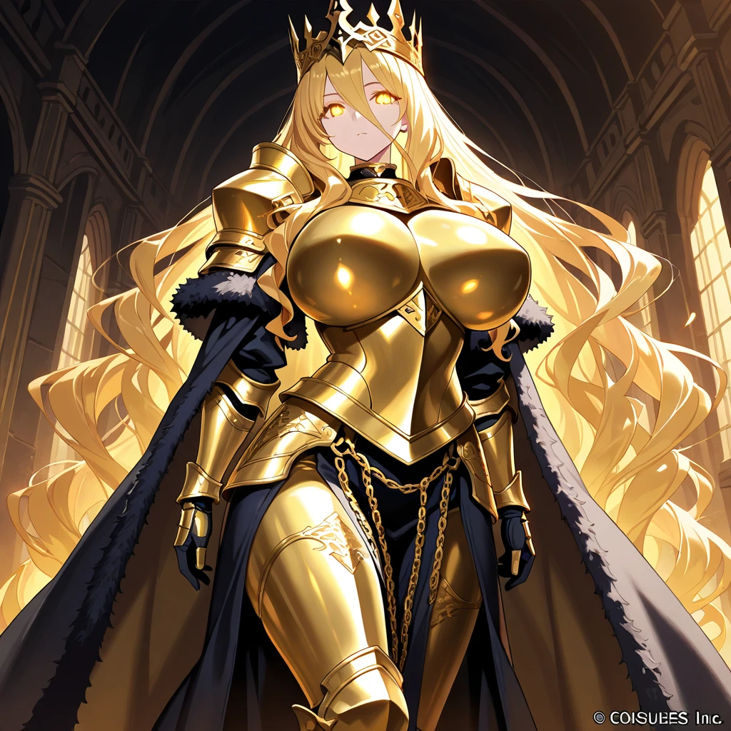 Blonde Queen Gold Tiara， armor，cleavage，underwear，，high heels，Standing，castle