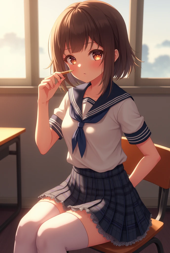 (((masterpiece, Highest quality, High resolution, 超High resolution, Pixel perfect, Written boundary depth, 4K, About RTTX10.0))), Beautiful Anime Women, Beautiful art style, Anime characters, ((Smooth texture, Realistic texture, Anime CG Style)), Exact finger count、Exact number of legs、(Exact number of arms:1.0, Exact number of hands:1.0), (Perfect hands, Perfect Anatomy), Cinematic, Realistic, Highly detailed CG, Daytime lighting, Perfect lighting, Best Shadow, The best natural light, whole body, Perfect body, (Slender body:1.2), whole body, ((bangs, Dark brown hair, Bobcut)), ((One woman is kneeling, looking up and gazing open-mouthed., sleep:1.4)), ((Beautiful eyelashes)), ((Detailed face, Blushing:1.2)), (Beautiful and large :0.9), (Amazingly beautiful girl), (School classroom:1.3), (Fashionable white shirt, Sailor collar, Navy blue sailor suit, Knee-high socks, Navy pleated mini skirt:1.3), (Open your mouth wide:1.5), ((close your eyes:1)), ((cute, Sighing expression)), Breathe with your shoulders, sexual re expression, Holding in pee、Patience is the limit、On the brink of climax, (Perfatomy, Perfect number of arms, Perfect hands)、(cum on face, cumin th:1.7), Look, A &#39;Phew&#39; sound, Surprised expression, Angle from above right, (My face is covered in sticky white liquid,　There is a y  in the mouth:1.7)