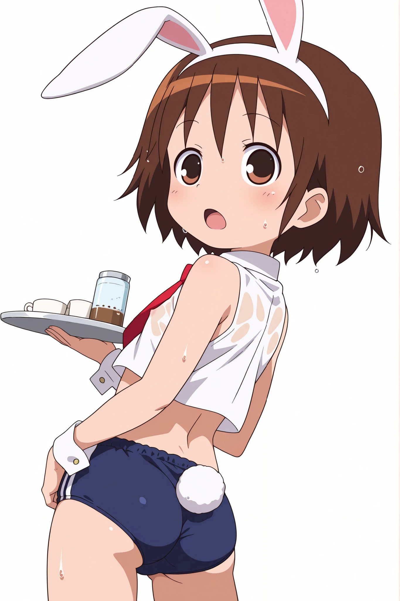 (((anime style))),score_9, score_8_up, score_7_up, source_anime,(((School Festival Cafe))),nsfw,
yasuna,1girl, ((solo)),((two lines blue buruma)),((((white business shirt)))),((((sleeveless)))),((wet clothes)),nipple,red tie,((white sox)),((white Bunny's ears headband)),Bunny's Tail,(Cufflinks), (open mouth),(((crop top))),((((back shot)))),(((contrapposto))),((little butt)),(low angle),((Holding a silver tray)),
,(looking back),
,(looking at viewers)