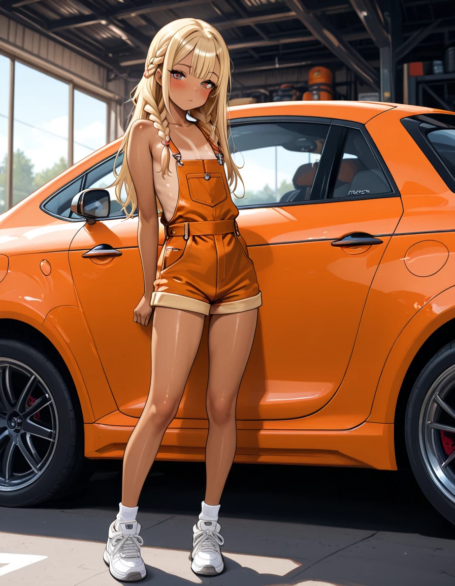 masuter piece, best qualtiy, ((realisitic)), ((1 person)), 8K picture quality, extremely delicate and beautiful, magnifica, Official art with attention to detail, Ridiculous, unbelievable Ridiculous, huge filesize, ultra-detailliert, ighly detailed, (Beautuful Women), (detailed woman), Blonde hair, ((Perfect female figure)), large full breasts, Slim waist, big butts, ((car mechanic)), ((Yellow short sleeve mechanic suit)), With bangs, Feminine look, (ssmile), Car repair shop