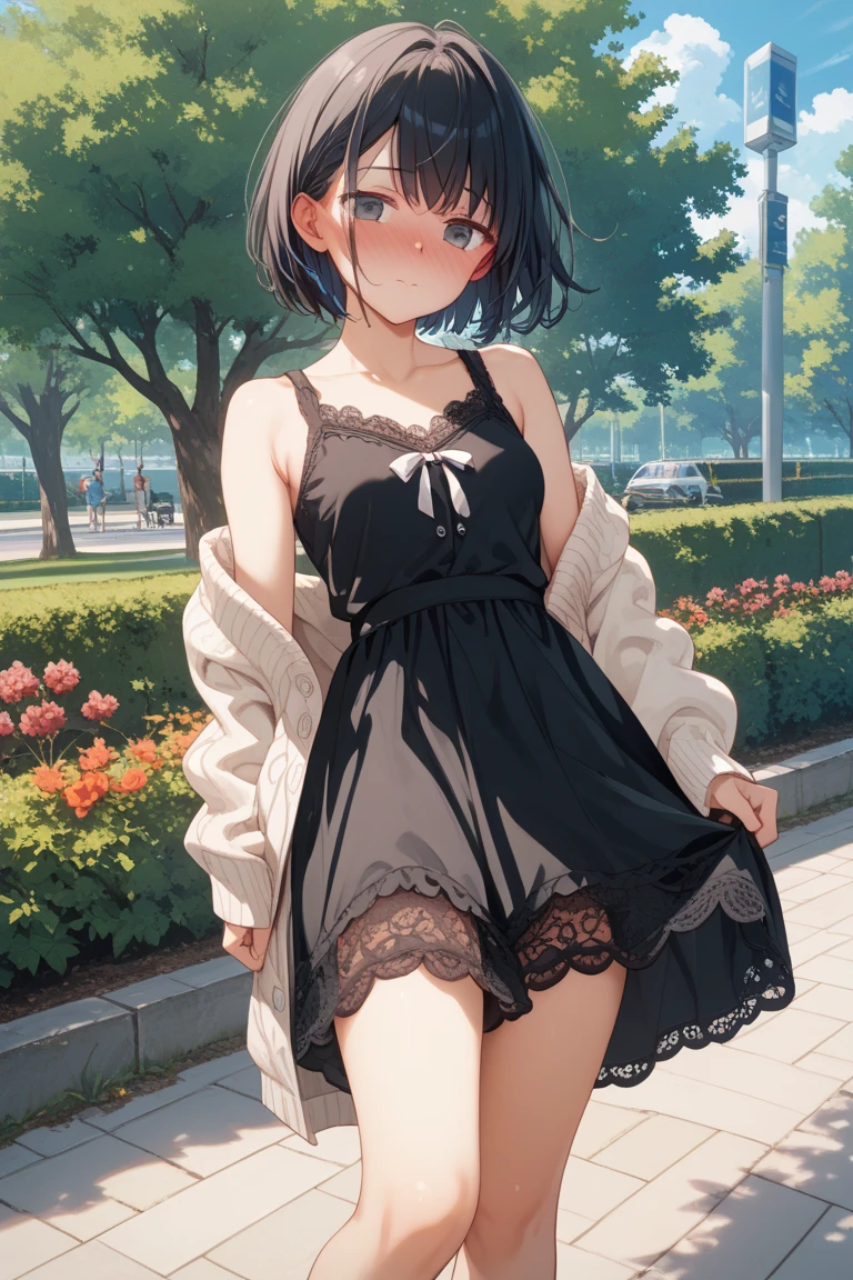 (masterpiece), Slut,black hair,small breasts,pink lace underwear, Natural light, realistic, diffused light, look up from below,vapor, (lift slip), (urination), Pigtails,tights,embarrassing red face,in front of the flower bed in the garden,lace flare,Lace slip,Silk Fabric