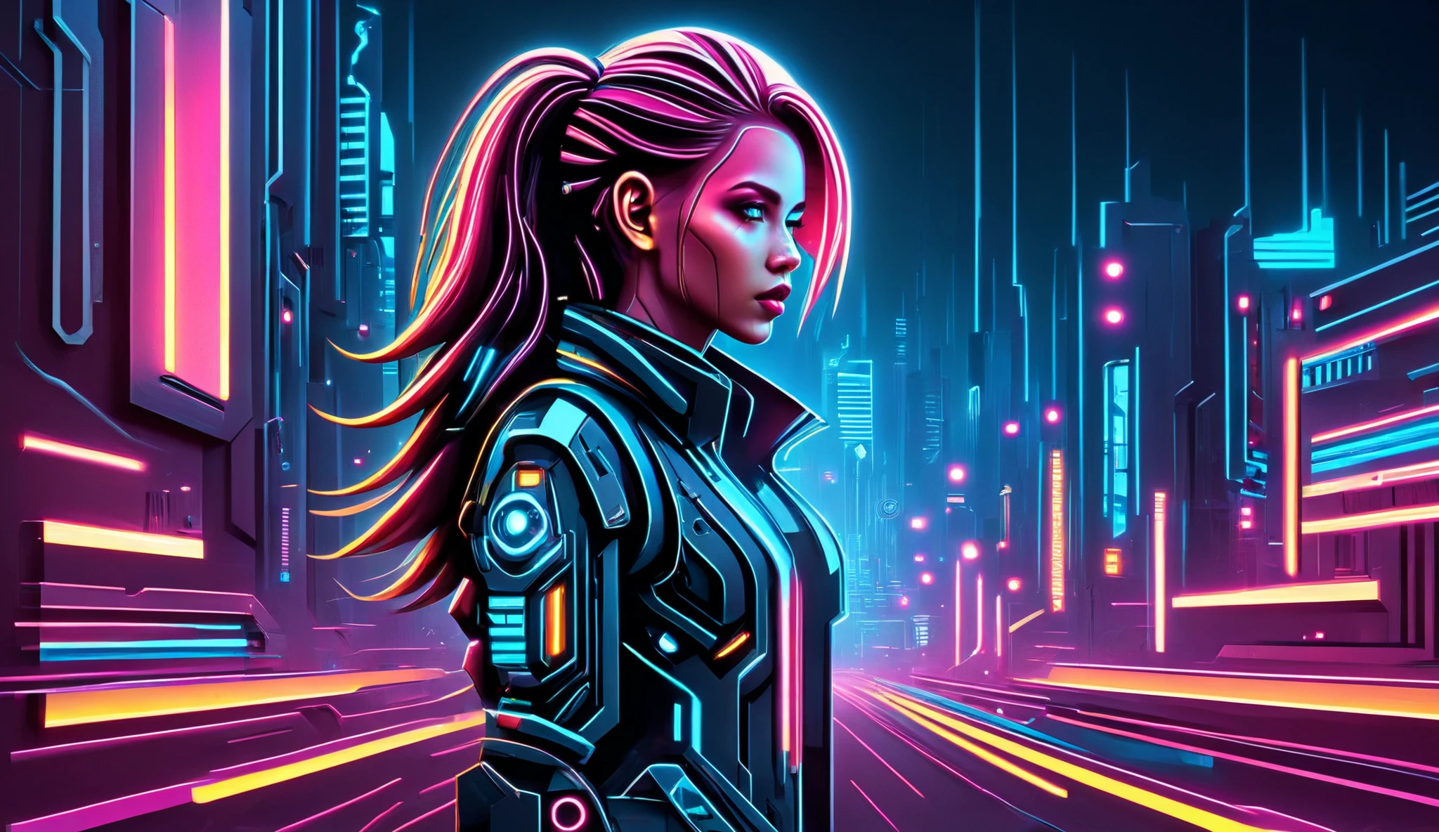 photorealistic beautiful full-breasted slim woman with magenta colored hair walking towards the camera, cyberpunk circuit street, glowing papercut background, mad-cybrpprct1, neon lights (masterpiece:1.2), best quality, (hyperdetailed, highest detailed:1.2), high resolution textures, super sexy:2.0 use a neon color pallet with colors that complement her magenta hair