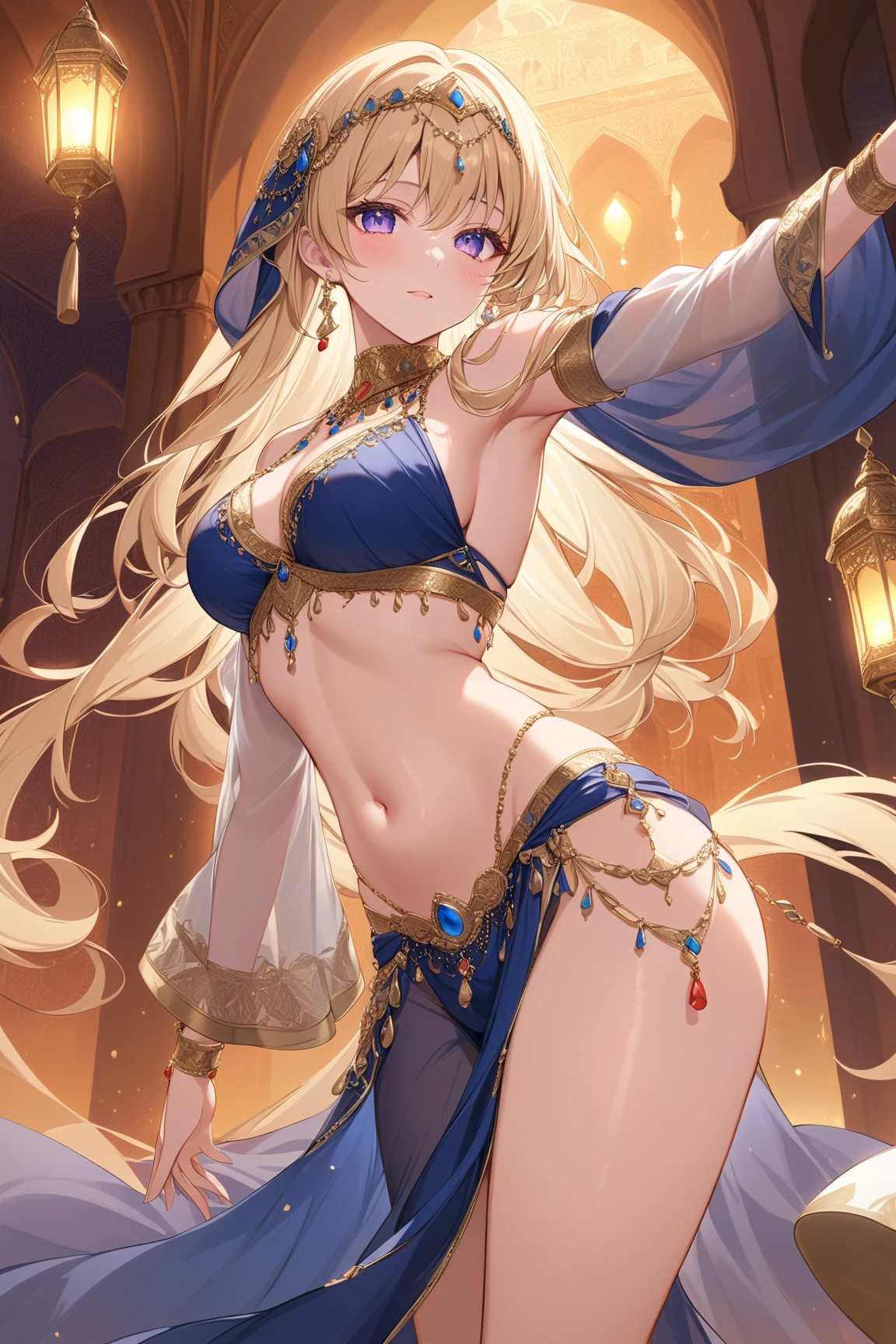 Illustration of a dancing belly dancer、anime style illustration, highres, ultra detailed, (1girl:1.3), (dynamic pose):1.0 BREAK, cowboy shot, (pale skin:1.3), ((detailed blue eyes)), (bokeh effect), (dynamic angle), 1 extremely beautiful and glamorous anime waifu at competition dancing hall, (wearing a royal blue satin belly dancer's outfit:1.37), BREAK, she has blonde wavy twin-tails hair style, medium-breasted, slender, light smile, happy, wind, 8 life size, detailed clothes, detailed body, detailed arms, human hands, detailed hands, perfect nose, blush, light smile, pink lip gloss, looking the viewer, facing the viewer, sexy model posing, studio soft light, cinematic light, detailed background, realistic, ultra-realistic, masterpiece, 32k ultra-sharp image, Japanese anime waifu, concept art by Kyoto animation, Makoto Shinkai,