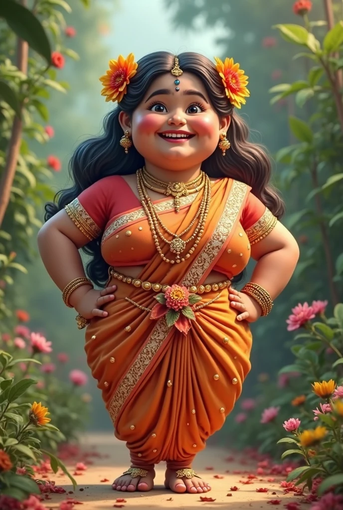 45-year-old Indian woman with dwarfism, approximately 60 centimeters tall, friendly and happy expression, straight black hair, with eye pencils, dressed in Indian blankets of golden colors, with two-tone lighting, sharp focus, golden-gold matrix, octane, unreal, low key