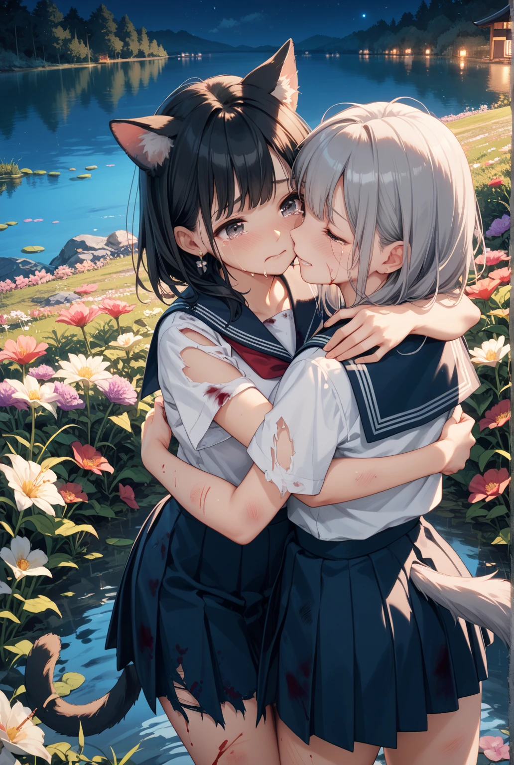 (score_9,score_8_up,score_7_up,score_6_up,score_5_up,score_4_up),
petite,2 short cat girl,brown_skin,shiny_skin,blush,white short hair,Green eyes,thick thighs,white short sleeves serafuku,(((white skirt))),white thighhighs,midriff,hair_bell,yellow _neckerchief,flowers background,looking_at_viewer,standing,depth of field,expressive_clothes,Red choker,pastel_color,french_kiss,closed eyes,facing_another,eye_contact,grabbing_another's_ass,yuri,