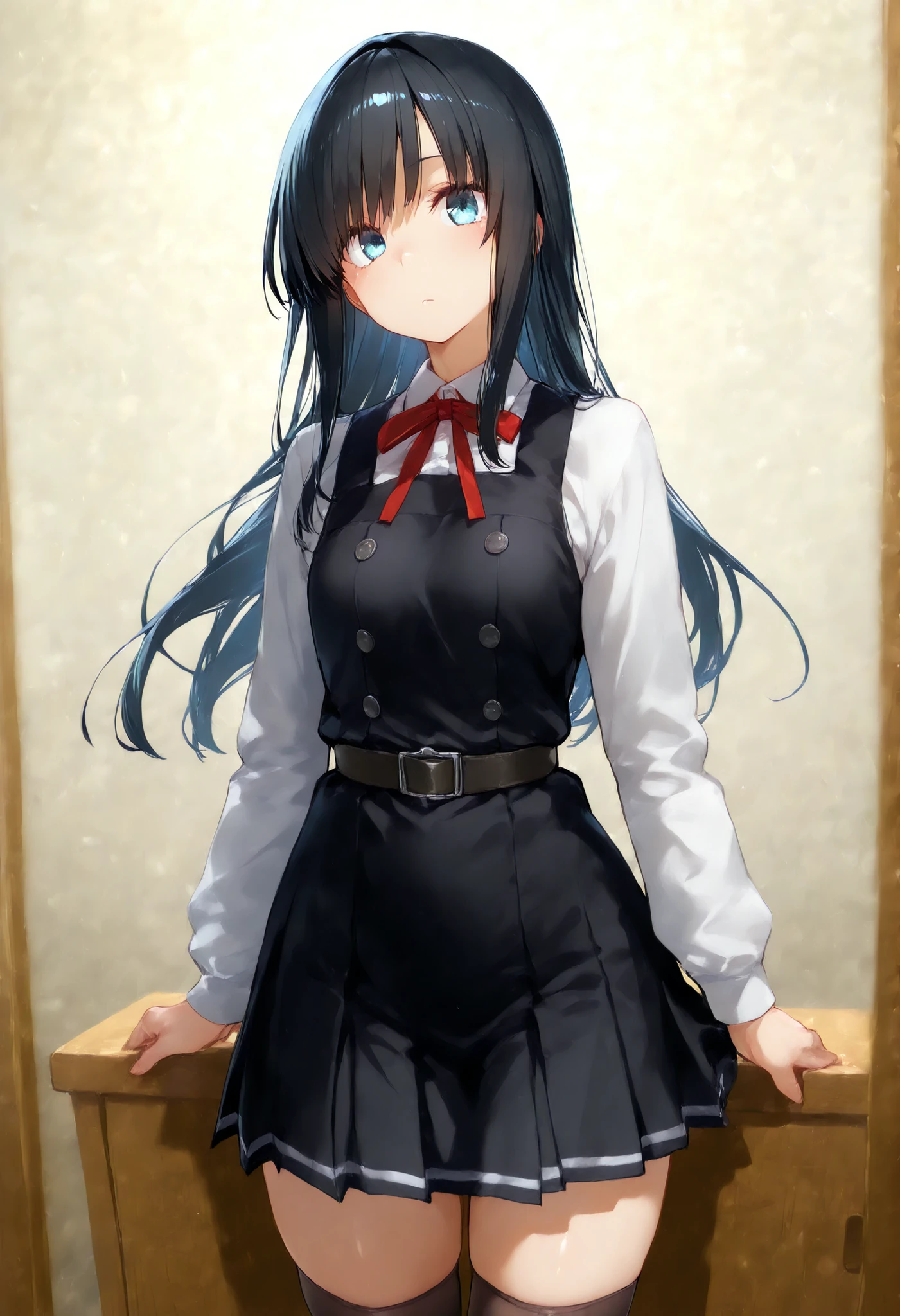 asashioKC,black hair,blue eyes, long hair, shirt, long sleeves, dress, bow, ribbon, white shirt, cowboy shot, belt, bowtie, black dress, red bow, red ribbon, neck ribbon, red bowtie, pinafore dress,black thighhighs,pleated_skirt,, 教室の背景, , 細身の体, 赤面, 厭らしい笑顔, つやつやの肌, ,スカートリフト, (白パンティ), パンティー, 透けたパンティー, , 小さい胸,