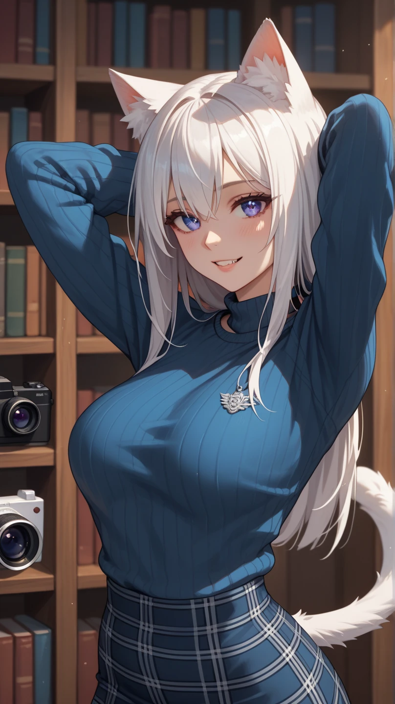 (artwork, best quality) a girl with long white hair, beautiful blue eyes, medium breasts, black turtleneck shirt, red earrings, in a room, perfect body, jeans, good waist, (zoom to her face)