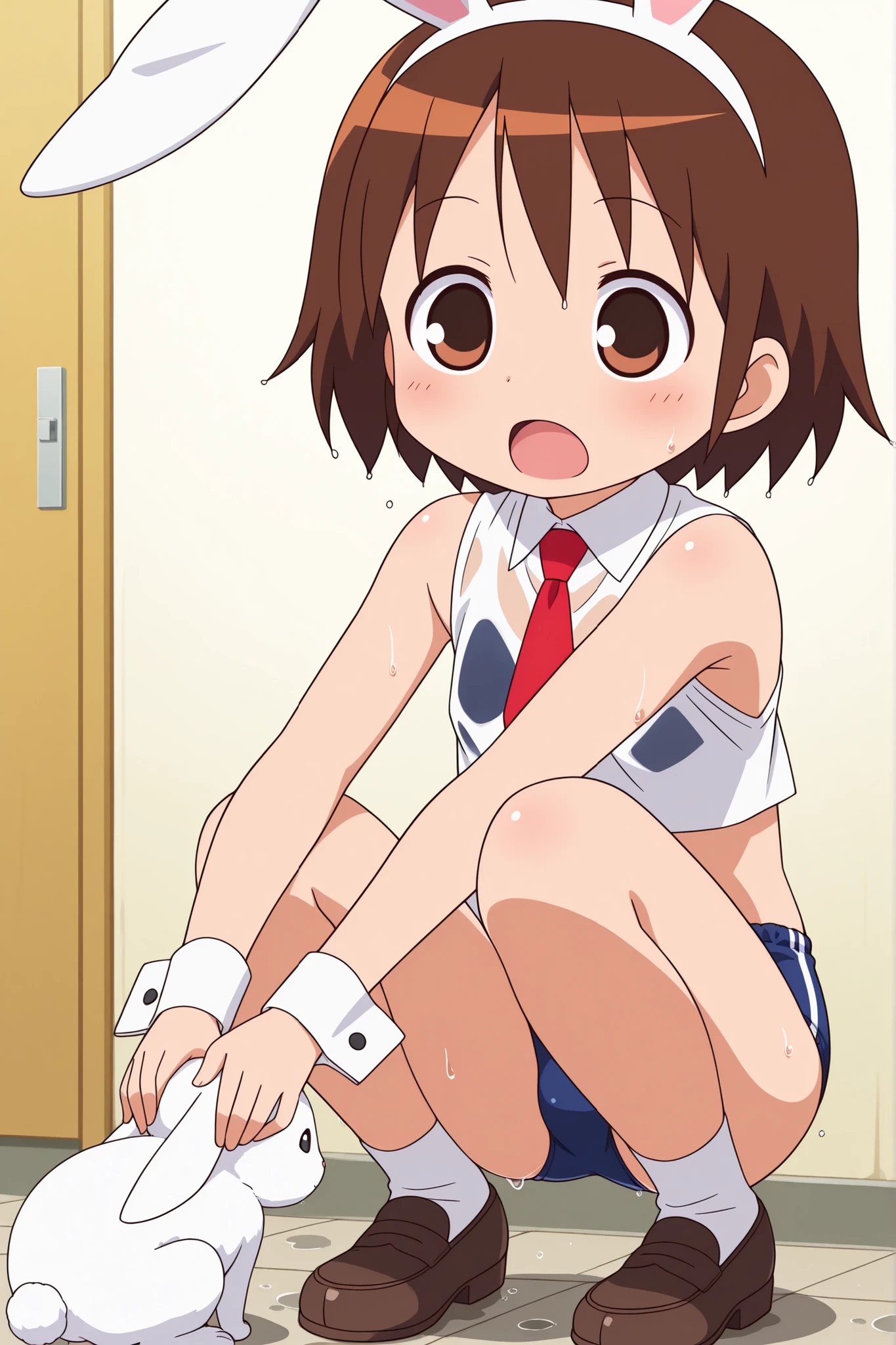(((anime style))),nsfw,score_9, score_8_up, score_7_up, source_anime,yasuna oribe,1girl, ((solo)),(blue buruma),((white business shirt)),((sleeveless)),((wet clothes)),nipple,((red tie)),((white sox)),brown loafers,((white Bunny's ears headband)),((Bunny Girl Cufflinks)),(((crop top))),School Festival Cafe,(front shot),((squatting)),((open mouth)),full baby,(Facing the lens)