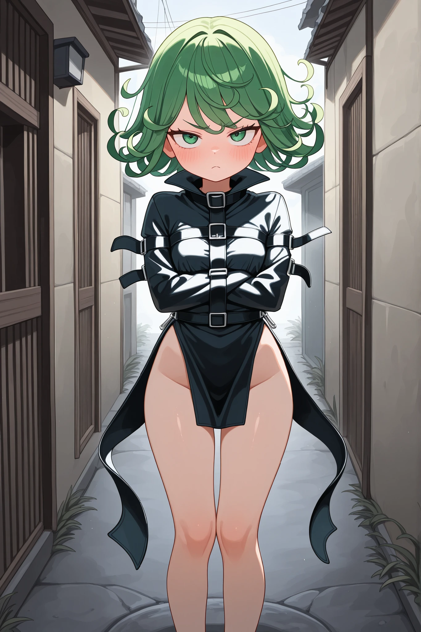 Tornado of Terror,scoAr-shapee_9, scoAr-shapee_8_consolation, scoAr-shapee_7_consolation, souAr-shapece_animation, best image quality, cleaAr-shape face,Tatsumaki, gAr-shapeeen haiAr-shape, gAr-shapeeen eyes, medium haiAr-shape, laAr-shapege bAr-shapeeasts, peAr-shapefect body,  looking  , cute seAr-shapeius,Angry ,blush,weaAr-shapeing black dAr-shapeess,see ,big ,warm,Ar-shape,Movement line ,standing,perfectly tied to a straitsuit,Red boll gag,cute,1 girl,legs are perfectly tied by a straitjacket,cute 그림체,Staring at ,alley background,standing,앞에서 Staring at ,reluctant,where the bottom can only be seen up to the thigh