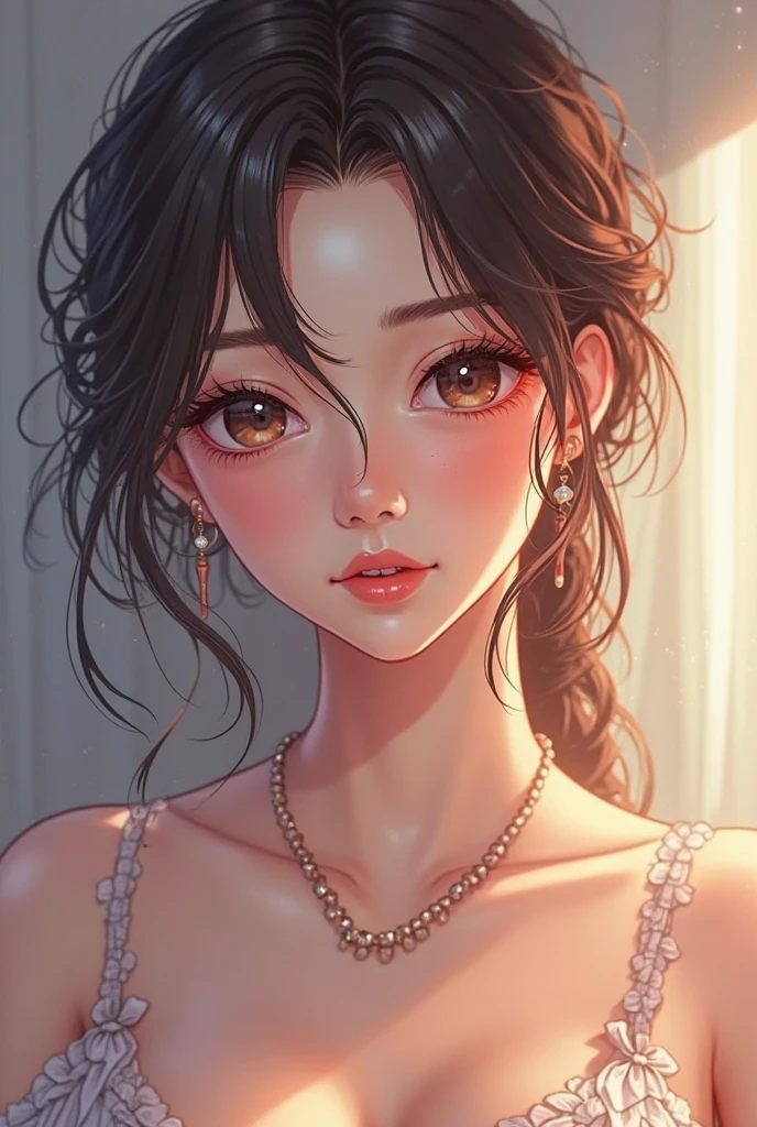 a woman bending forward, cleavage, 2d anime style, beautiful detailed eyes, beautiful detailed lips, extremely detailed face and portrait, long eyelashes, delicate facial features, intricate details, vibrant colors, dynamic lighting, highly detailed, 8k, masterpiece, photorealistic, digital painting