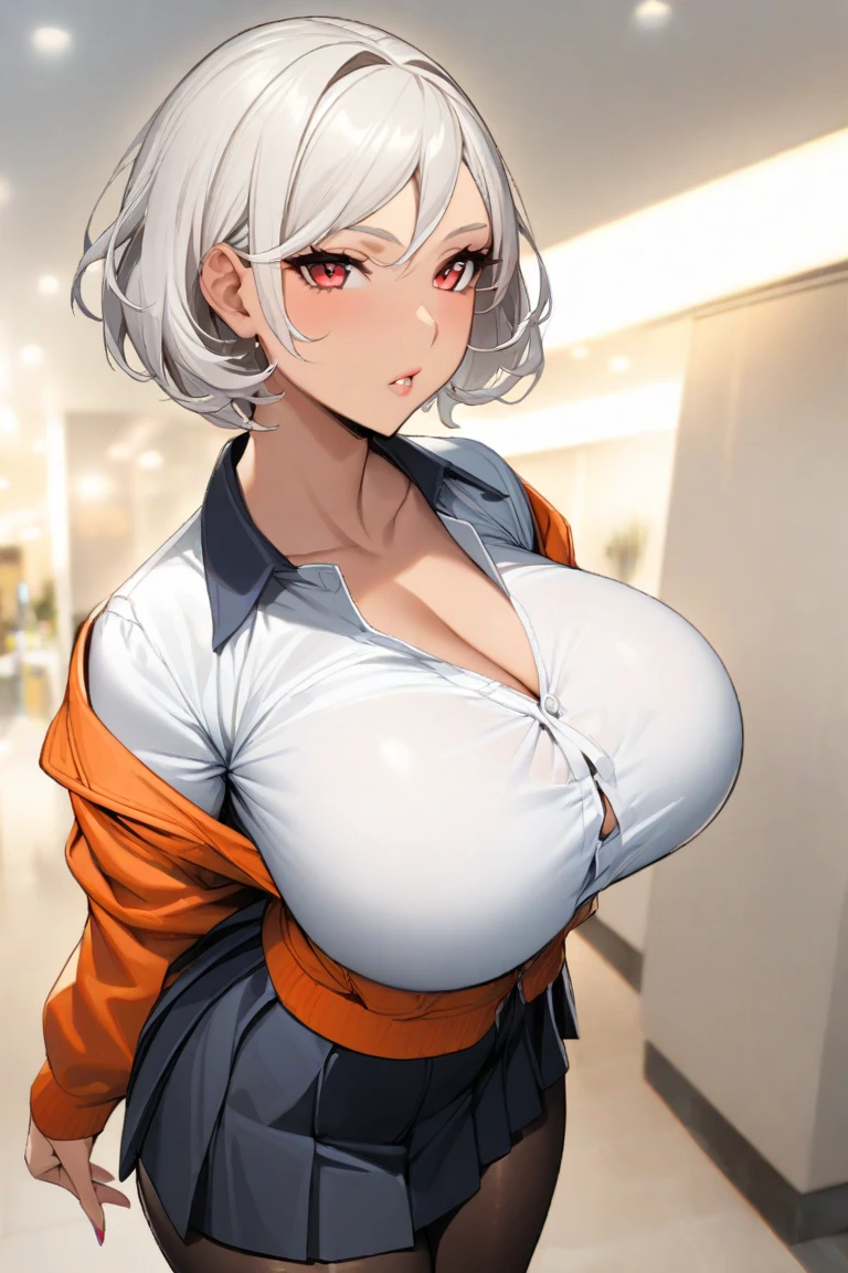 big breast, wearing white dress shirt with raised collar, white jeans and necklace
