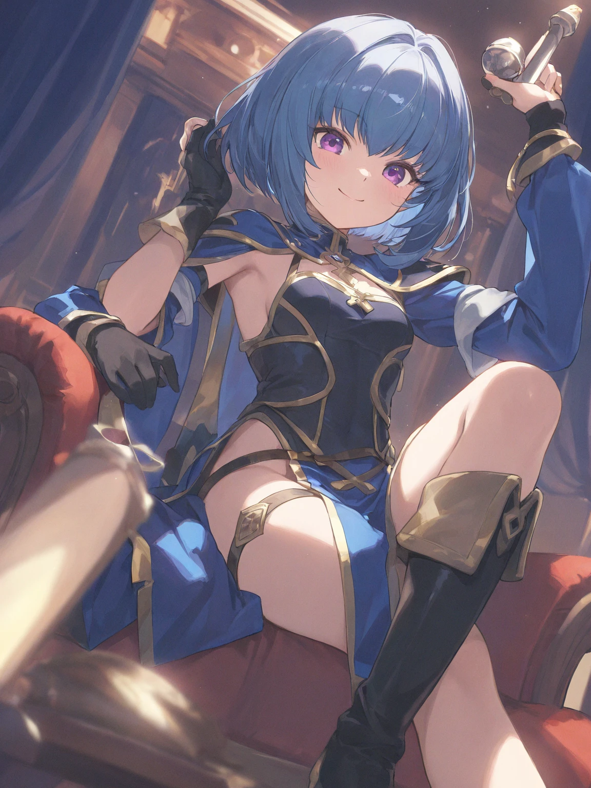 masterpiece, best quality, mature woman, short porcelain blue hair, tiara, showing forehead, gray blue cape, top, beautiful breasts, exposed thighs, dark short dress, belt, wine boots, thigh band, dynamic pose, inside a dungeon, dark, dark, well detailed glow, fantasy, medieval.