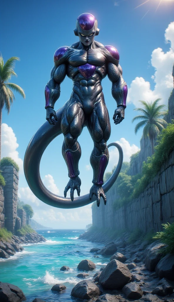 uploaded on e621.net, best quality, masterpiece, anthro, dragon, adult, old, ((solo)), seaside, muscles, buff, tall, standing, wearing ((black shorts)), detailed eyes, photorealistic, ((black body)), ((purple pectorial muscles)), ((purple abs)), yellow eyes, looking pleasured, (long tail), (correct anatomy), (high detail, 3D rendering, shading), looking at viewer, soft smile, by kaynine, chunie, darkgem