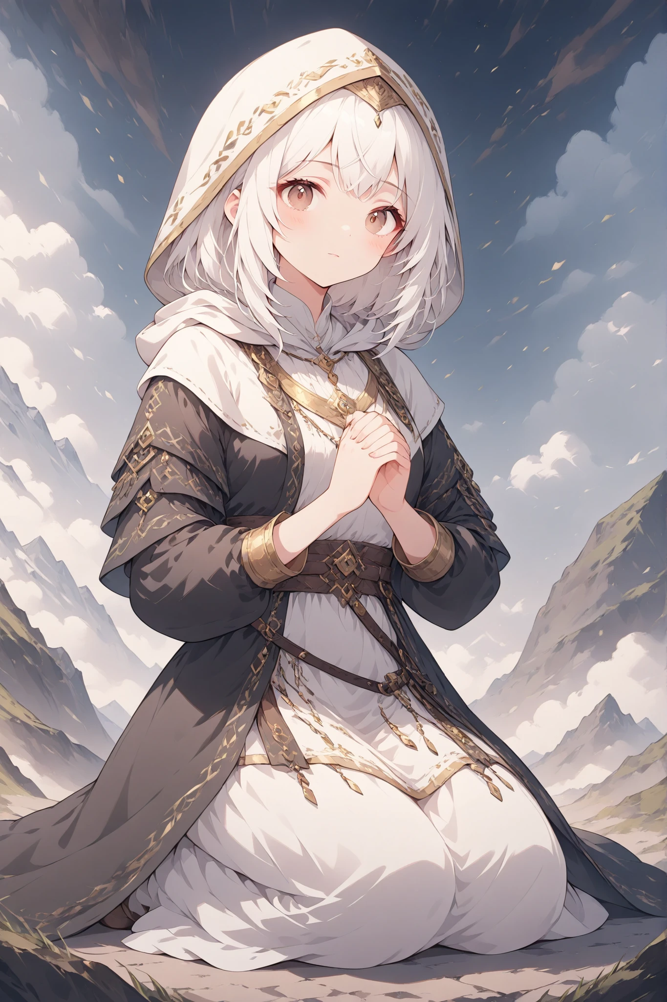 (( Thin and soft painting style)) 、fantasy world、 medieval attire、gold decoration on white hood、gold decoration on black coat、White Hair Girl、brown eyes、Fold your hands in prayer、Kneel