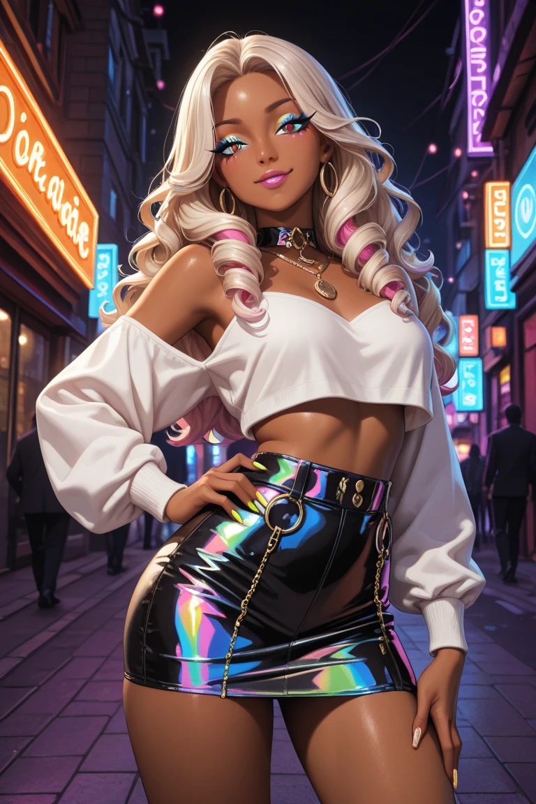 masterpiece, Best quality, beautiful detailed eyes, street outfit, (1 girl), beautiful hair, Body-hugging, shiny clothes with gold details, blush, pomade, Eyeliner, parted lips, Colorful, beautiful lips, ray tracing, perfect lighting, extremely detailed 8k wallpaper, (detailed background), Perfect eyes, (sexy pose), Bedroom , stands at the threshold of the door , A room in pink tones  ((dark skin)), (Girl with pink and blue hair)