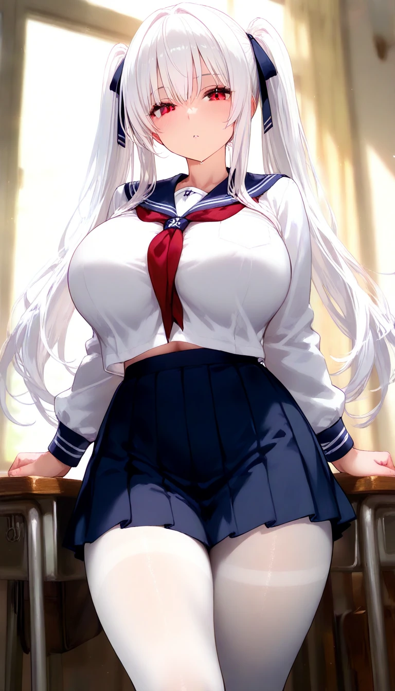 (masterpiece:1.2、highest quality、Tmasterpiece)、1 female、alone、classroom、Day、(Are standing)、whole body、blonde、ponytail、blue eyes、(Sailor suit:1.5)、(Dark Skin:1.4)、Big Breasts、(grab your left arm:1.3)、Long sleeve、corset、Earrings、lipstick、pantyhose、Very sweaty、choker、Scrunchie、mini skirt、blush、Covered breasts、Bangs braids、(Thick lips:1.2)