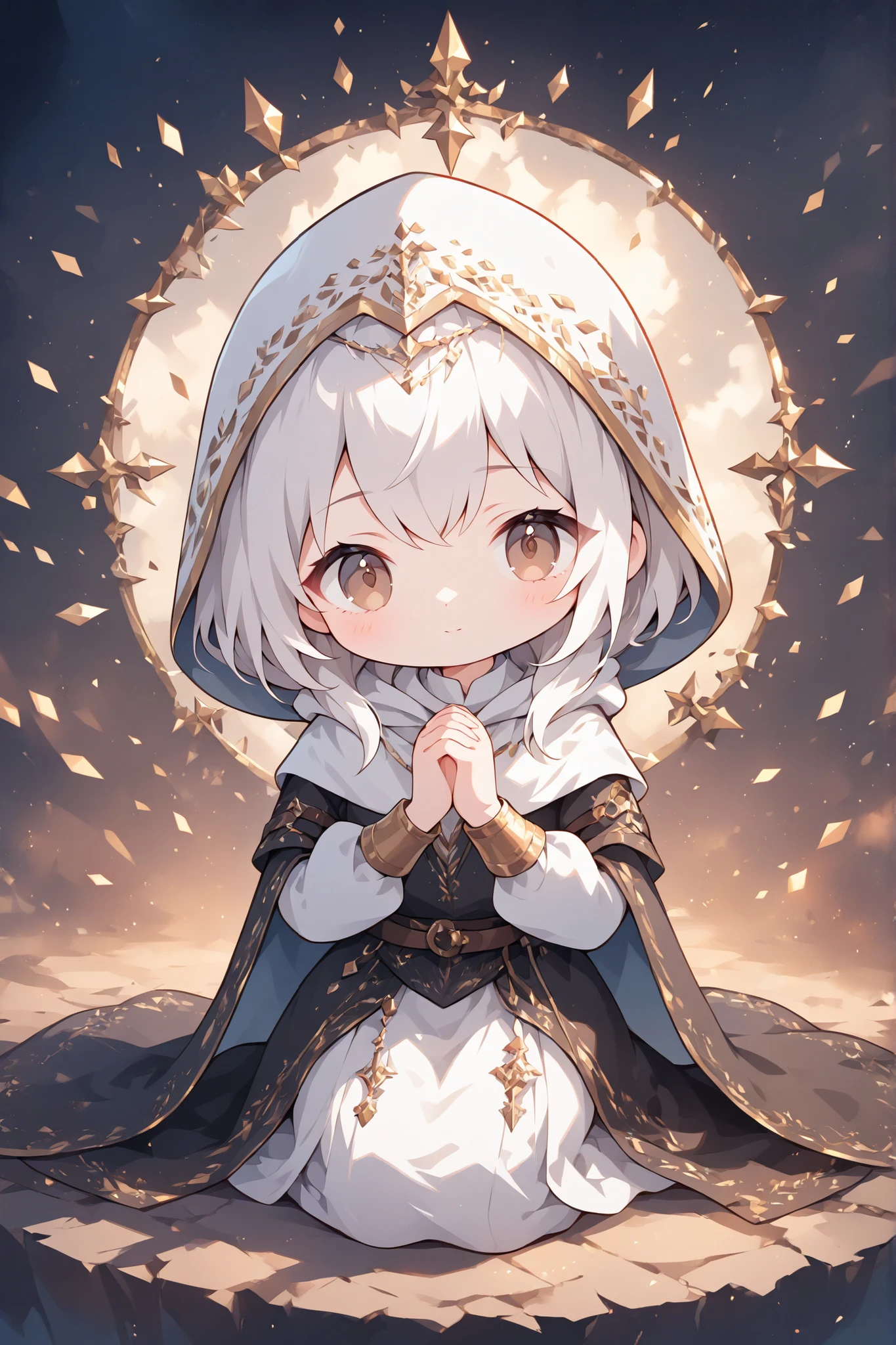 (( Thin and soft painting style)) 、chibi,fantasy world、 medieval attire、gold decoration on white hood、gold decoration on black coat、White Hair Girl、brown eyes、Fold your hands in prayer、Kneel