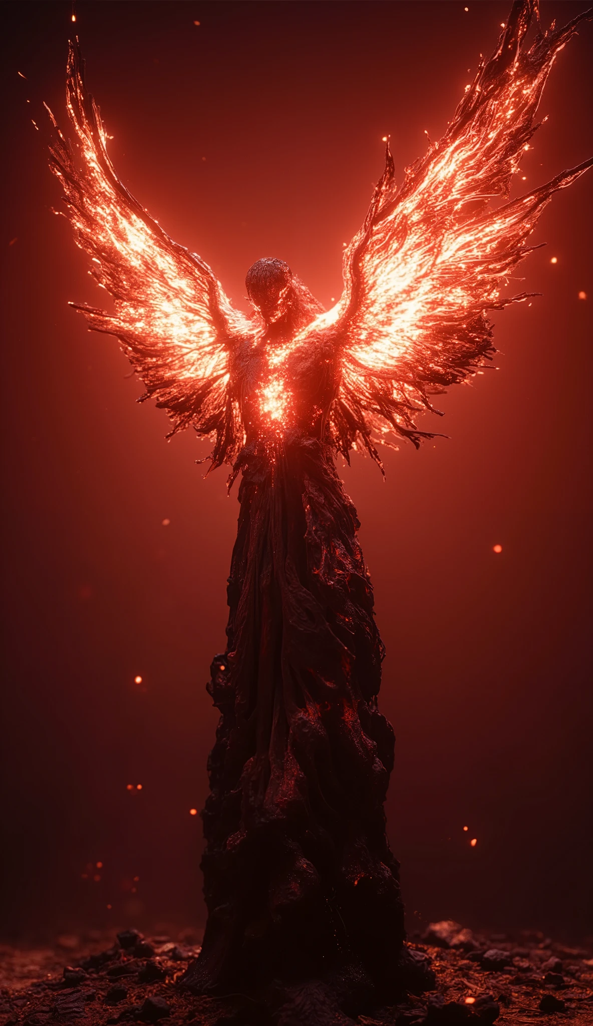 ((RAW Photo), absurd, (absurdresolution)), masterpiece, best quality, (Extremely detailed 8k unity CG wallpaper), (best illustration), (best shadow), Realistic lighting, beautiful detailed glow, Surrealism, red sunset, sculpture of smouldering coal and ashes from an extinguished bonfire, sparks, angel with burning wings, in the style of Ellen Jewett, by Kirsty Mitchell