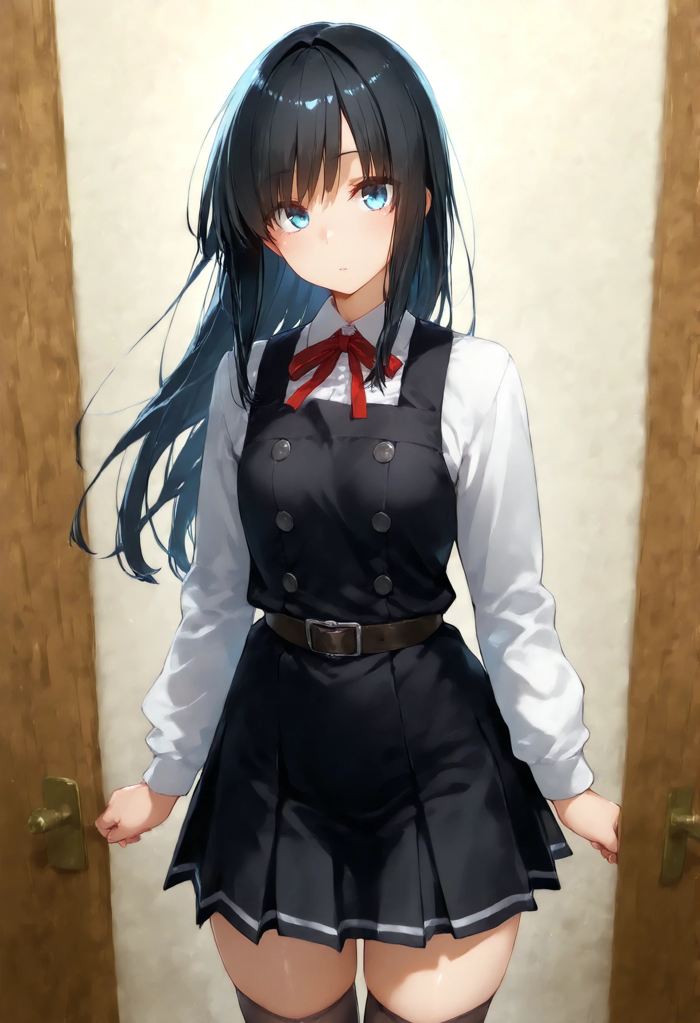 asashioKC,black hair,blue eyes, long hair, shirt, long sleeves, dress, bow, ribbon, white shirt, cowboy shot, belt, bowtie, black dress, red bow, red ribbon, neck ribbon, red bowtie, pinafore dress,black thighhighs,pleated_skirt,, 教室の背景, , 細身の体, 赤面, 厭らしい笑顔, つやつやの肌, ,スカートリフト, (白パンティ), パンティー, 透けたパンティー, , 小さい胸,