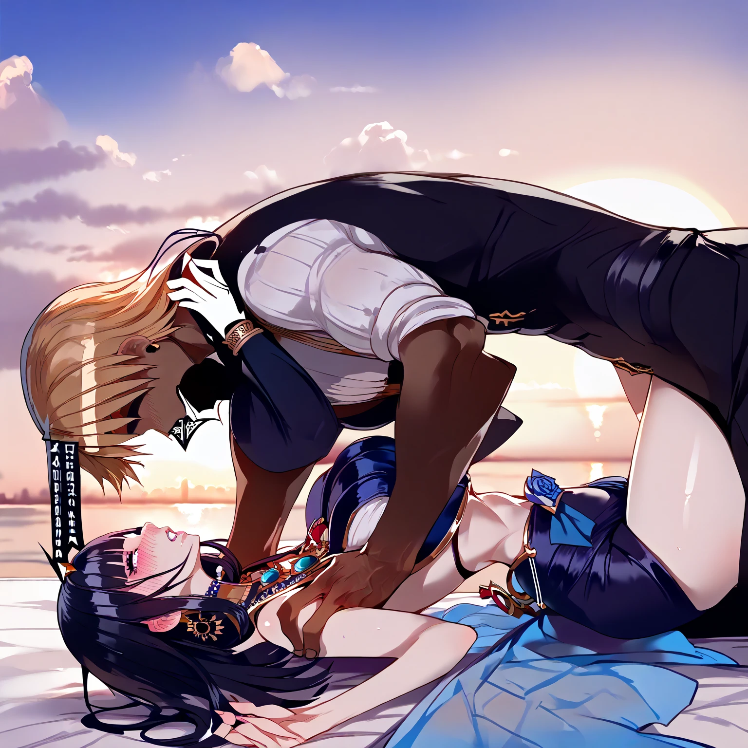1 boy, 1 girl, princess carry, dark magician girl, big breast, nipples, white underwear,(torn clothes:1.3), closed eyes, parted lips, detailed face, scenery, wide shot, from side