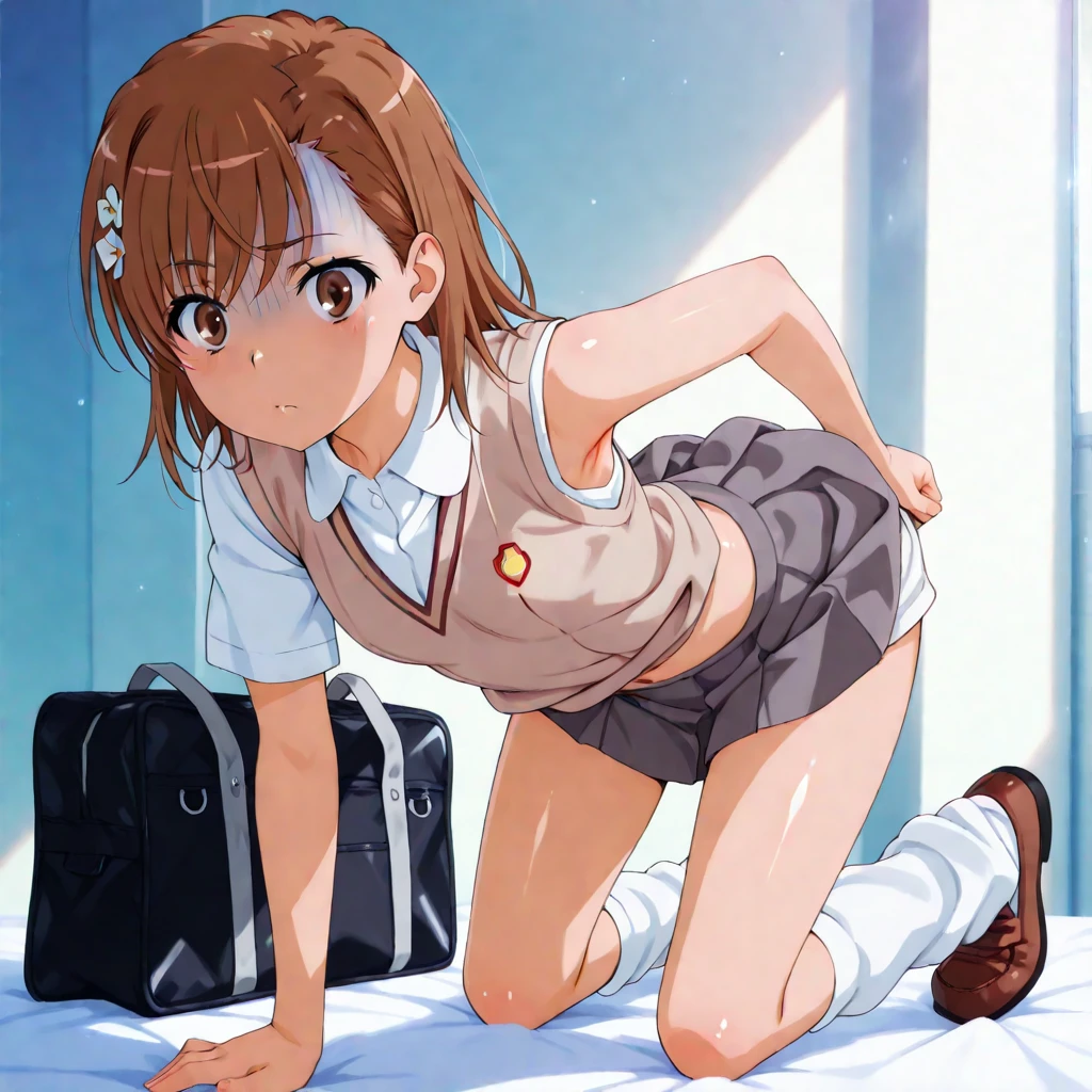 (((pixel perfect, detail perfect))), alone, 1 girl, Misaka Mikoto, tokiwadai , bow, looking at the viewer, closed mouth, whole body。White panties、Pull up your skirt、Inside the elevator、Hotel Rooms、smile