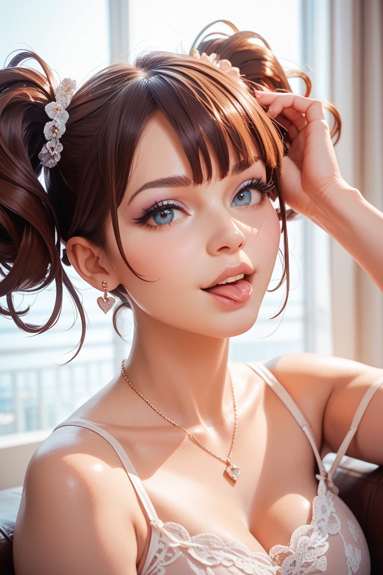 (( overhead view)), ((overhead view): 1.0), a woman, 30 years old, (feminine beauty), ((smilling)), expression of hope,(( smilling ): 1.0), ((Perfect Skin)), light tanned skin, ((Long curly hair, light brown hair): 1.4)