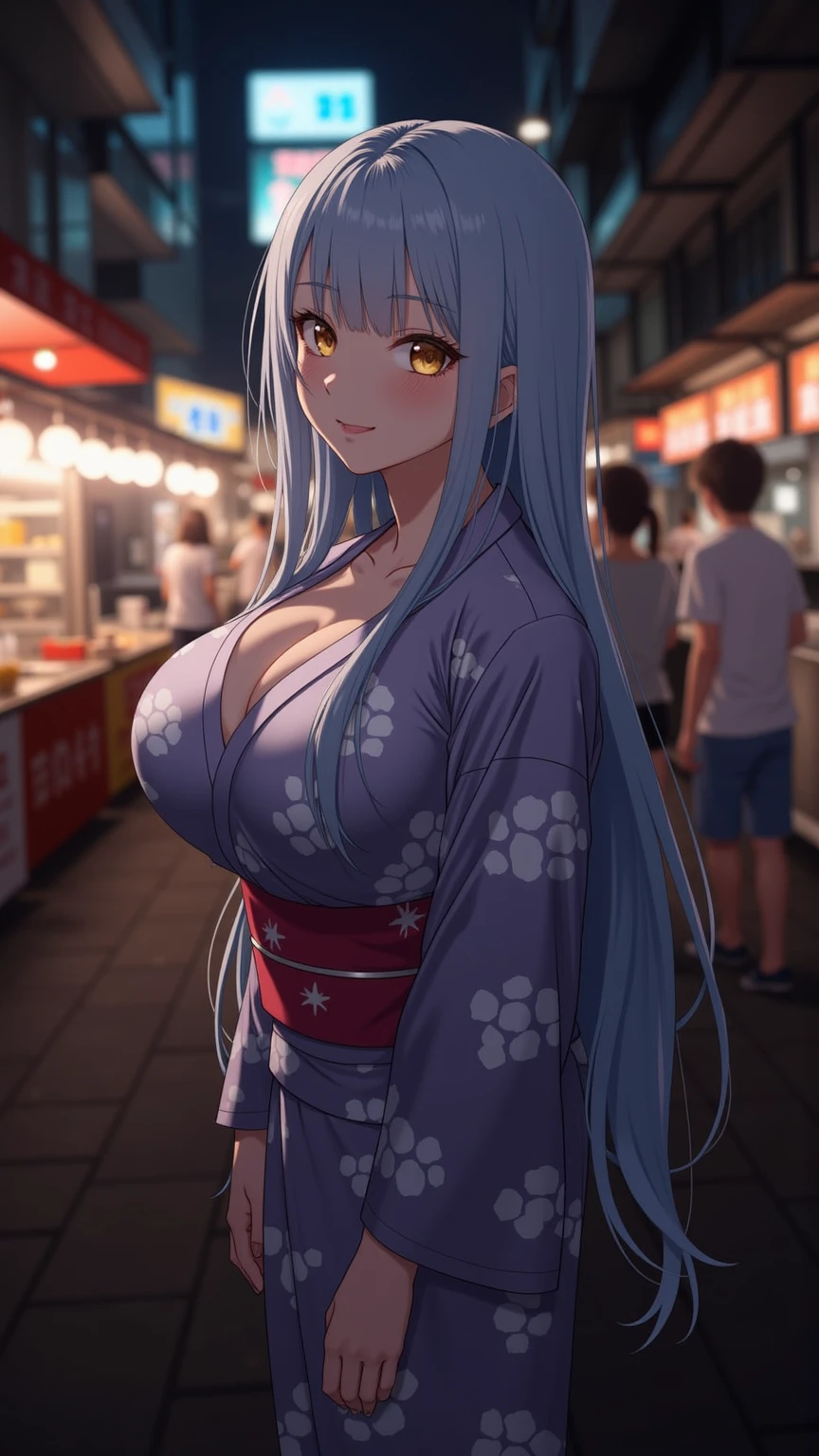 25yo woman, hime cut, light White hair, long hair, gyaru, erotic kimono, loose kimono, deep cleavage, huge breast, thicc thigh, , Japanese festival view, night time, clear view, Blue eyes, black demon horns