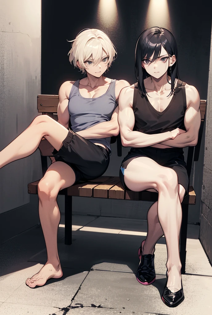 Muscle Girl, Defined body, Explosive muscles，sweat leggs，vests，Developed body, Kung Fu Fighter, red blouse，With buttons, Black trousers, Black belt at the waist, pointy hair, with short black hair (The ends of the hair have pink hair), Wrestling shoes, Tired look, Sitting on the burden of the old warehouse, Abandoned internal warehouses, medieval environment.