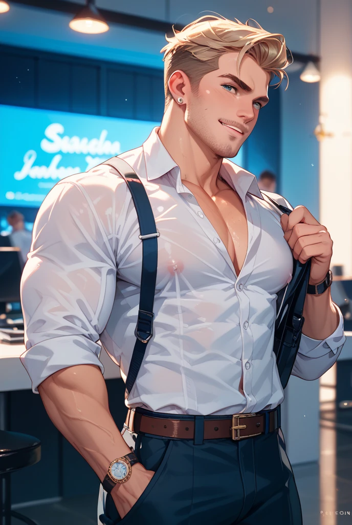 ((the best quality)), ((Masterpiece)), (details), perfect face, high definition, Masterpiece,4k,details clearly, Handsome face, white skin, perfect body, male body, strong muscles, abdomen, blue eyes, white skin, The most handsome man in the world, handsome, The coolest face, Male characters, close image (1man, shirtless), young man, mischievous smile, Extremely muscular tall man, open your eyes ((detailed eyes)), huge, muscular body and Massive, bulging pecs, muscular abs, narrow waist, short hair, blue eyes, delicate big eyes, carefree expression, Clear face, handsome (detailed face, perfect face) ((extremely realistic shadows, bodybuilding posture, human, ((22-year-old young man)), V shape, Slacks pants, Shirtless, lower pants, topless, hair moved by the wind, belt, close image (1man, shirtless, ripped muscles, room office, Bright light, Open shirt, oversize shirt, hem of the shirt, Unbutton your shirt, Thin shirt, show your chest, blue shirt, shirt moved by the wind, in office room