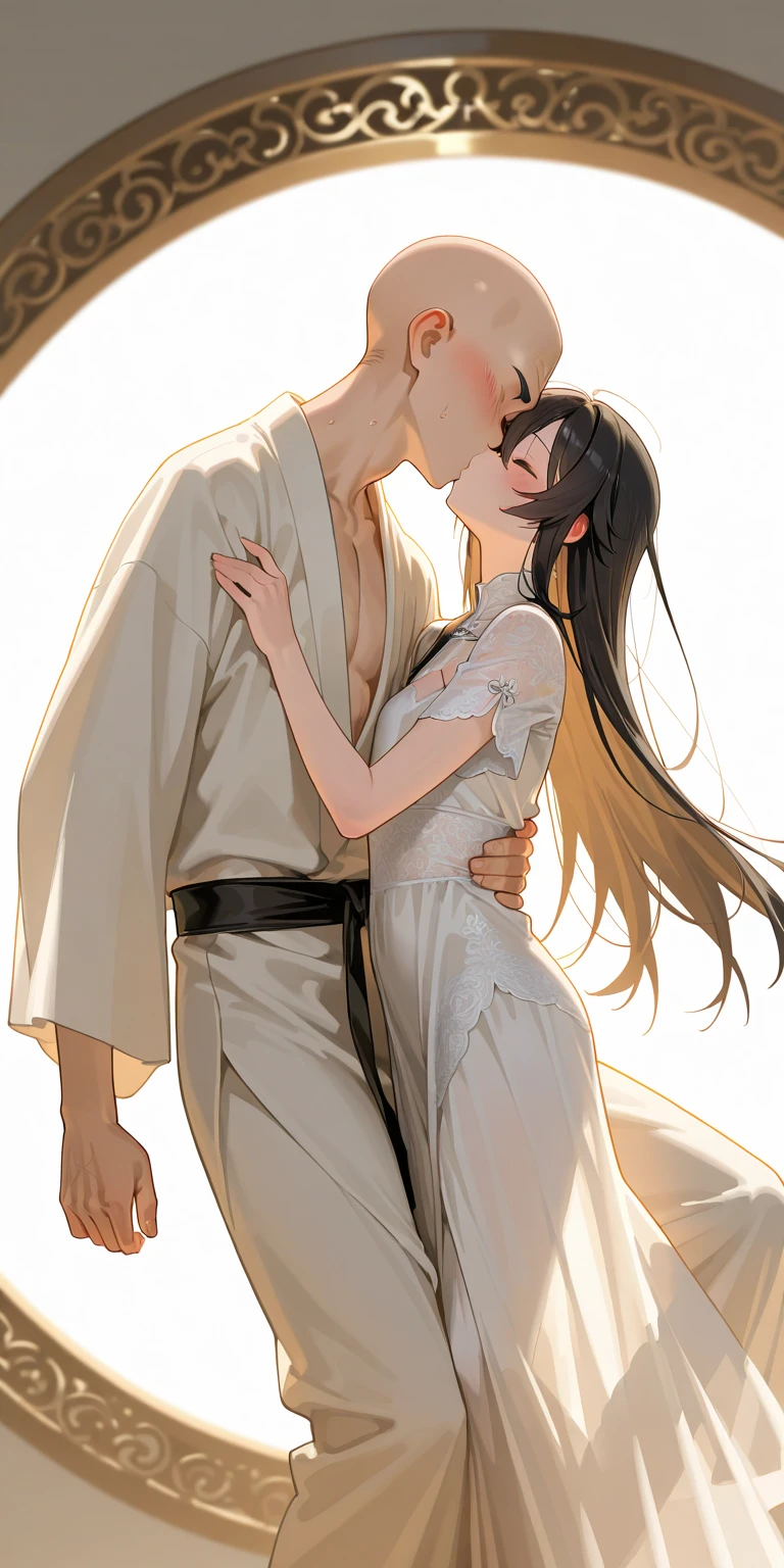 Anime couple standing together in white robes, touching her clothes, oppai, flowing white robe, wearing long white togas, wearing white robes with, Best Rated on pixiv, Wearing a white robe, wearing white clothes, Realistic!!, wearing white robes with!,  anime girls, Smooth anime CG art, shoujo romance, High-quality fanart