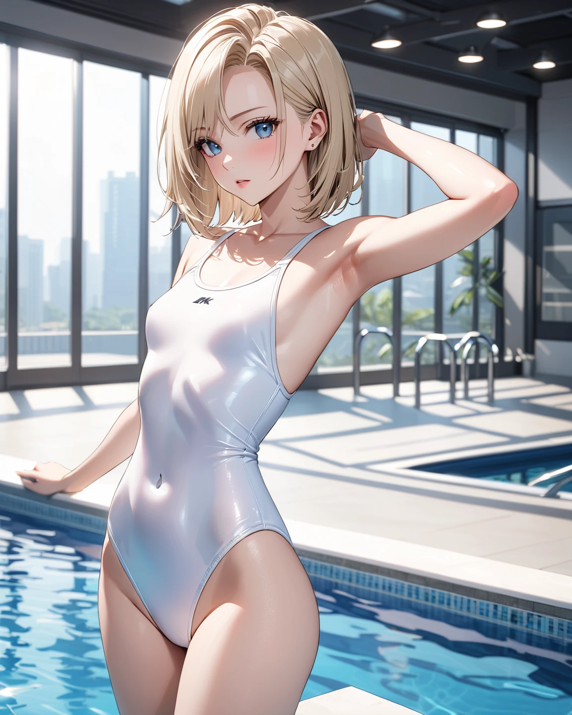(Highest quality, 8k, 32K, masterpiece, Ultra-high resolution,:1.2),born, One girl,Super cute , Natural light,Clear, shining eyes, 20-year-old ,Fair skin, Silver hair, Bold Swimsuit, Silver swimsuit