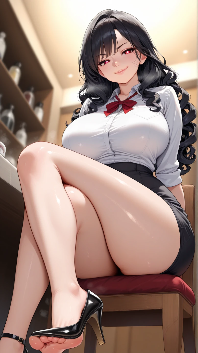 nsfw,superrealistic anime,masterpiece,ultra detailed,8k,navy school sweater,(short plaid pleated skirt),adult curvy body,(tanned skin:1.1),(japanese gyaru),seductive cute face,cheerful smile,silver panties,sitting and knees up on floor,curvy thighs,painted toe-nails,makeup,at messy and dirty private room,empty cup noodle on table,used red panties and clothes on floor,storage shelf on wall,carpet,