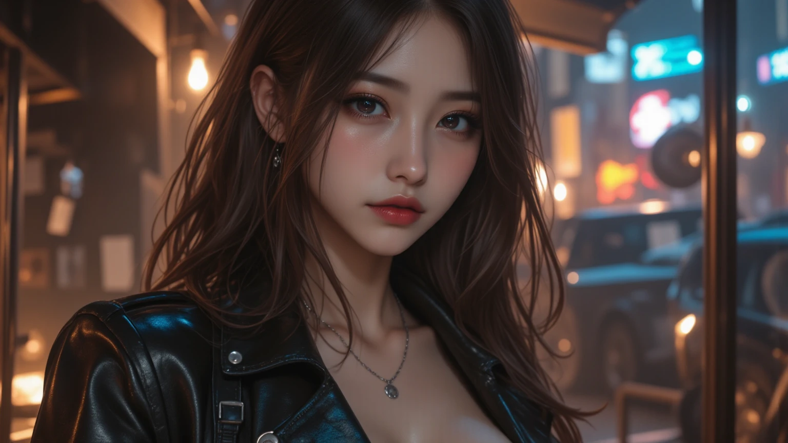 The back of a pale woman with long curly brown hair, Griffindo Witches, freckle, choker necklace (High-end shirts) (massive breasts:1.2), (holding a wand:1.1) (black eyeshadows), (Evening city neon in the background), (That hand was on her, (character design:greg rutkovsky、ilya kuvshinov and artgerm:0.5), (Laugh happily:1.1), (Focus on the eyes), Key light, (Natural light), Soft focus, Harry Potter photography, (Visible pores:0.3) (highdetailskin:0.9), 4K high quality,