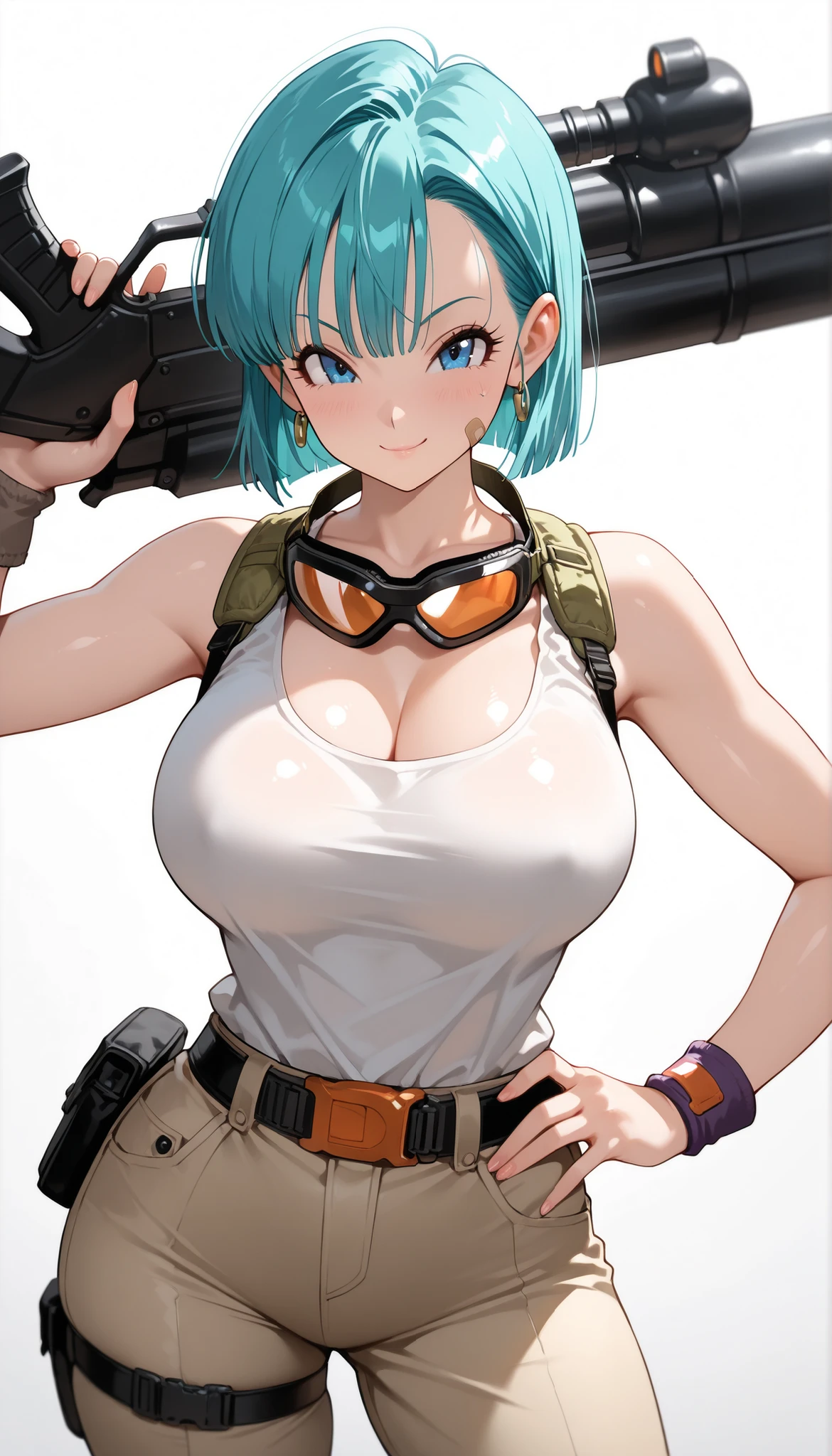 Waifu, masterpiece, curvy, breasts, moon, harsh sunlight, gloves, 1girl, clenched teeth, bulma, cleavage, large breasts, teeth, aqua hair, ((white tank top:1.5)), blue eyes, rating:explicit,rule34, hardcore, tits,clenched hands, day, cloudy sky, ((brown cargo pants:1.4)), ((blunt bobcut:1.5)), bare shoulders, blue hair, clenched hand, rating:questionable, short hair, belt, solo, angry, lip biting(gigantic and massive tits:1.1), breasts, official illustration, illustration, detailed face, beautiful intricate eyes, curvy milf, 1:2), titsnipples