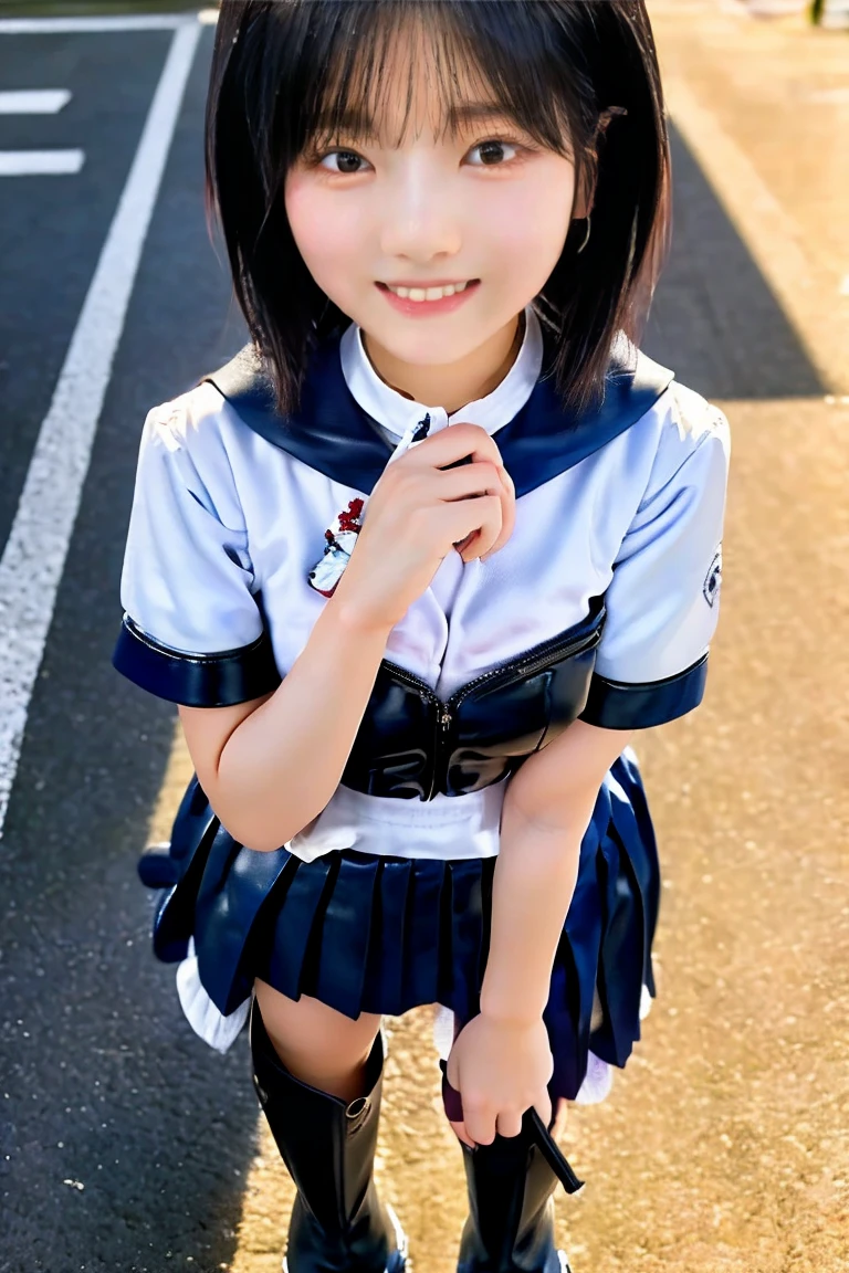 (8k、Ultra-high resolution、Highest quality、Masseter muscle area、Photorealistic、Ultra-high resolution)、(Clothes that accentuate the shape of the breasts:1.0)、(Small breasts :1.3)、(Small Tits、Quite small breasts、Beautiful ass:1.18)、(Sit with your legs slightly apart、Put your hands on your knees)、(Black short bob hair:1.15)Japanese women、So cute、meaty belly、Chubby belly、((((Sailor suit))))、(((Navy Blue Skirt)))、(((White and light blue panties)))、((((White loose socks))))、((((Brown leather shoes))))、(Outdoor Roads)、((((Low - Angle))))、