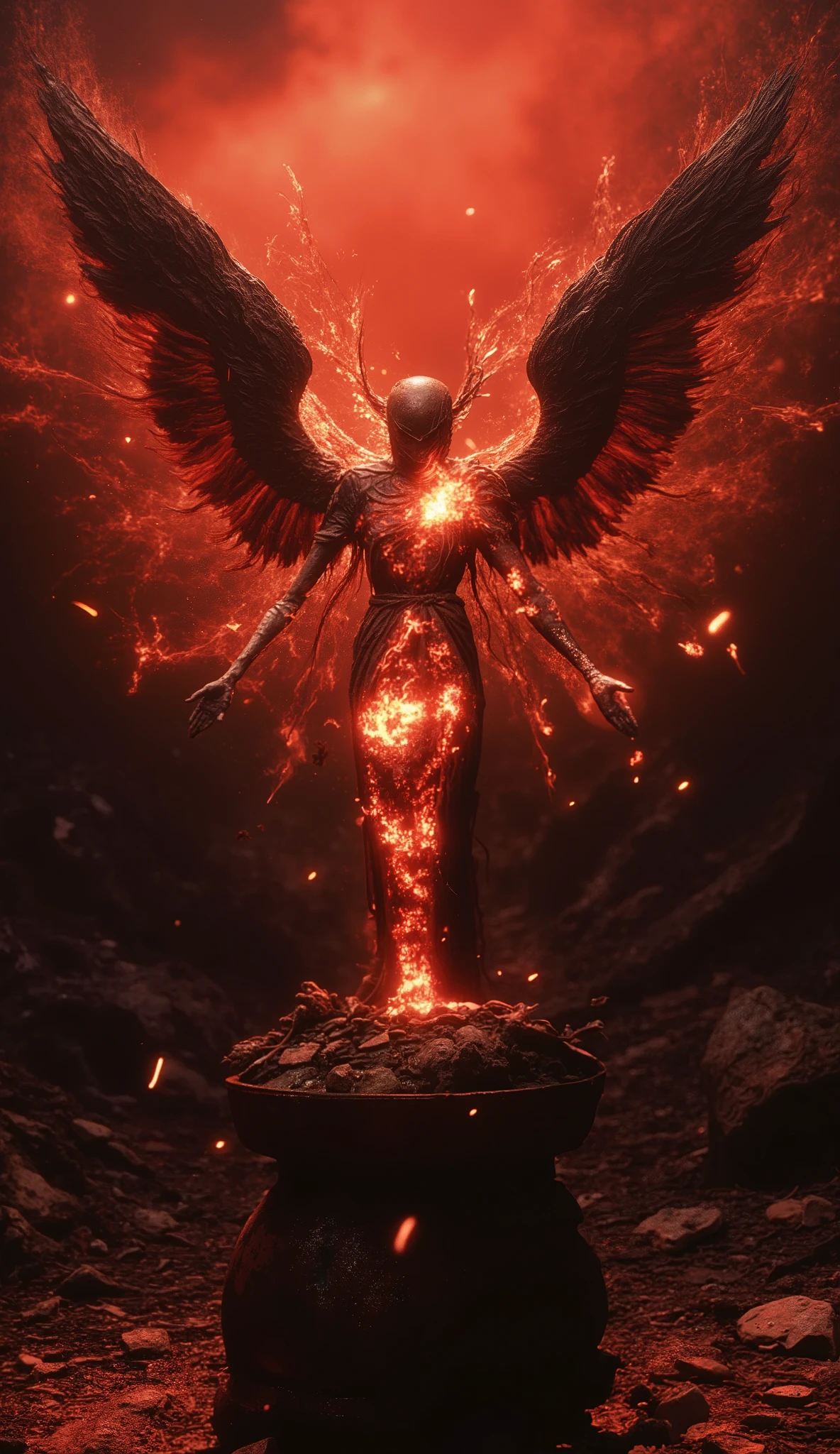 ((RAW Photo), absurd, (absurdresolution)), masterpiece, best quality, (Extremely detailed 8k unity CG wallpaper), (best illustration), (best shadow), Realistic lighting, beautiful detailed glow, Surrealism, red sunset, sculpture of smouldering coal and ashes from an extinguished bonfire, sparks, angel with burning wings, in the style of Ellen Jewett, by Kirsty Mitchell